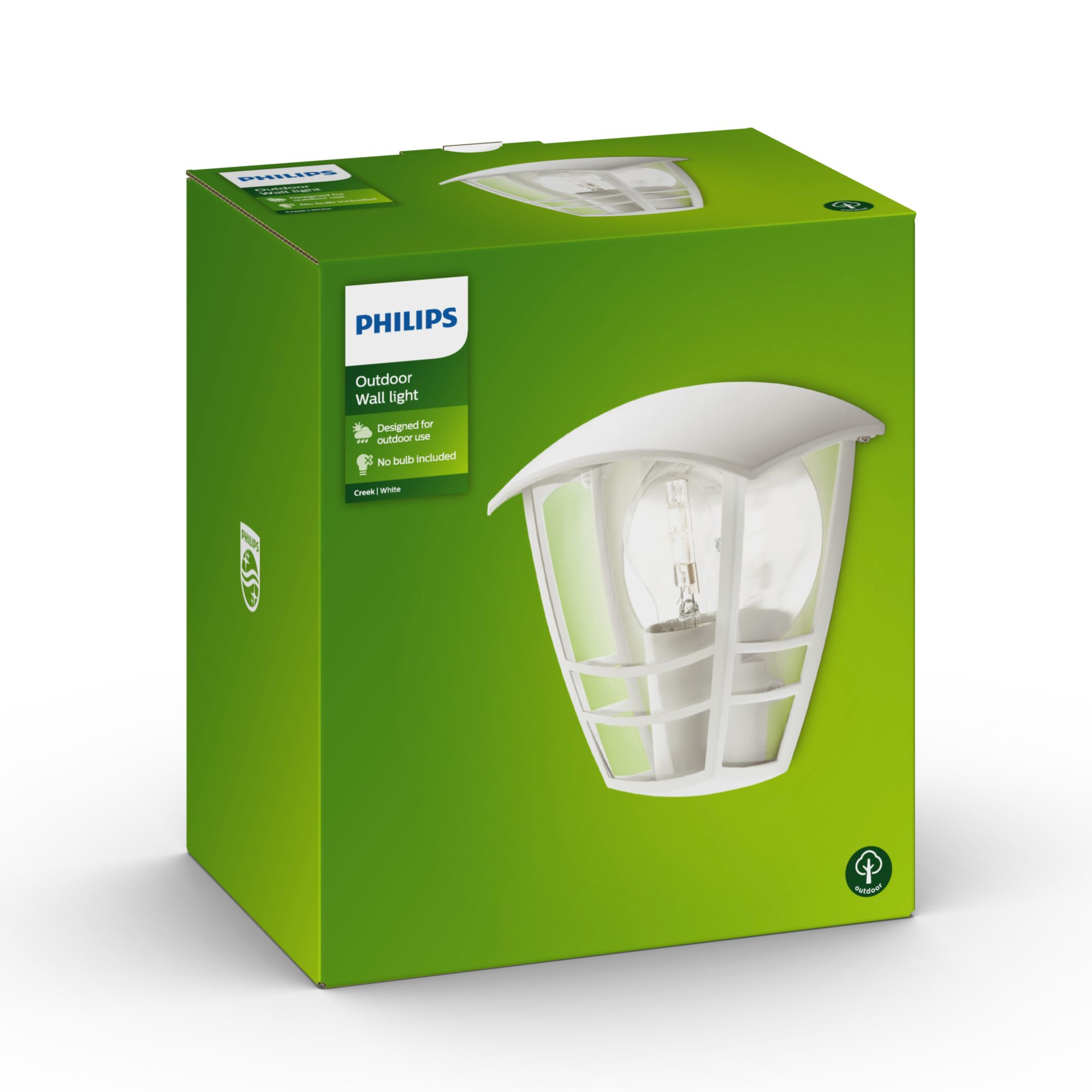 Una scatola verde e bianca con una lampada da parete Philips per esterni.
