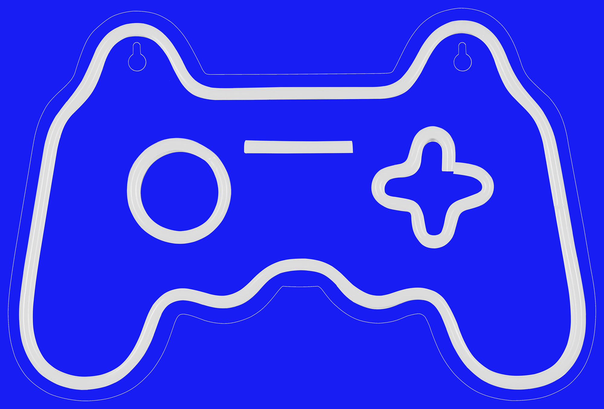 Neonschild in Form eines Gamecontrollers. Blauer Hintergrund, weißer Neon-Umriss.