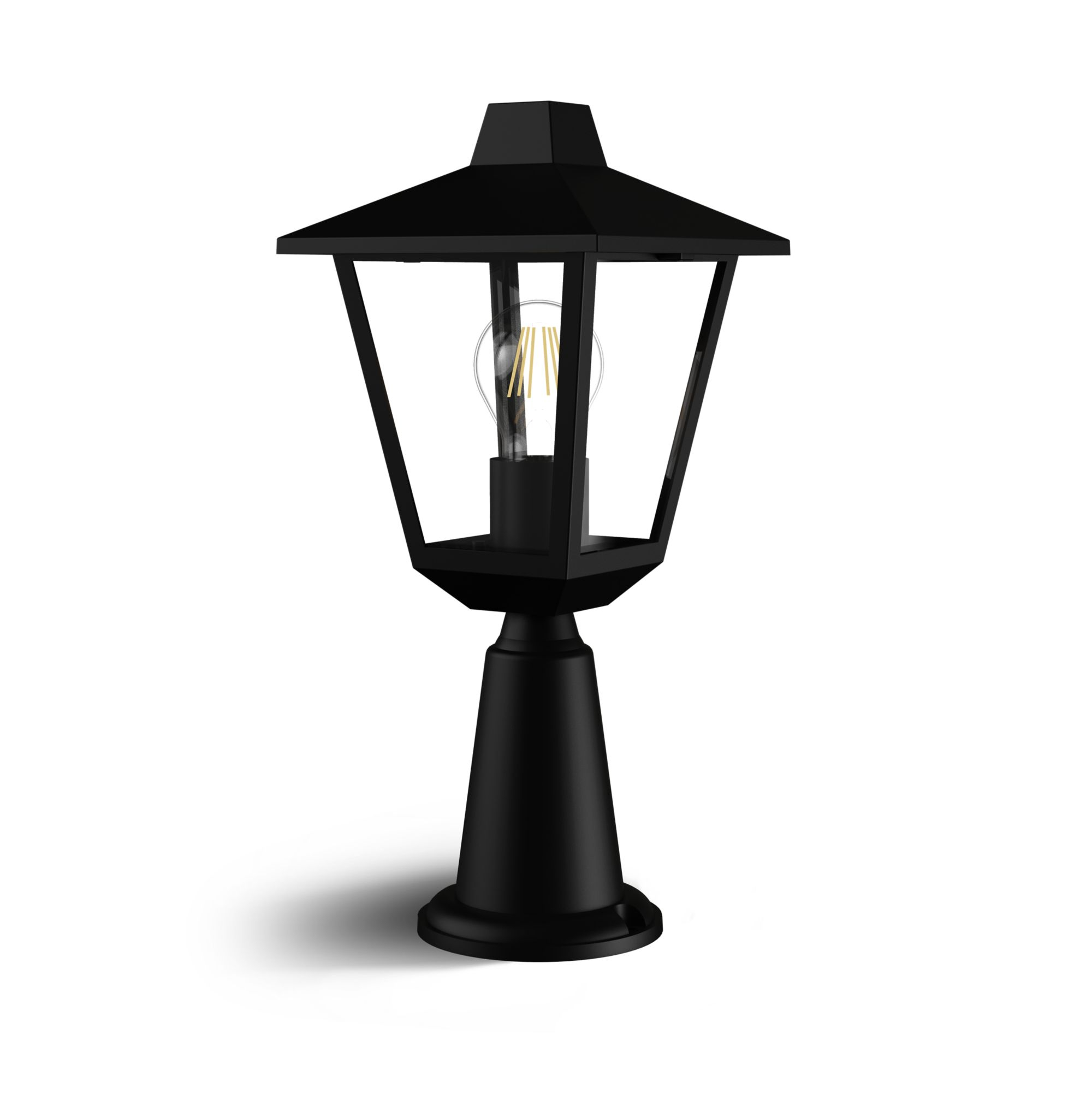 Un lampione nero con una lampadina, isolato su sfondo bianco.