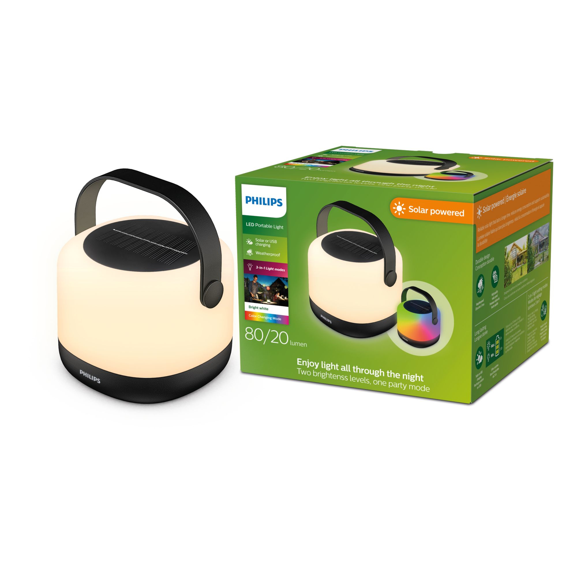 Una scatola con il logo Philips, una luce a energia solare e una luce multicolore.