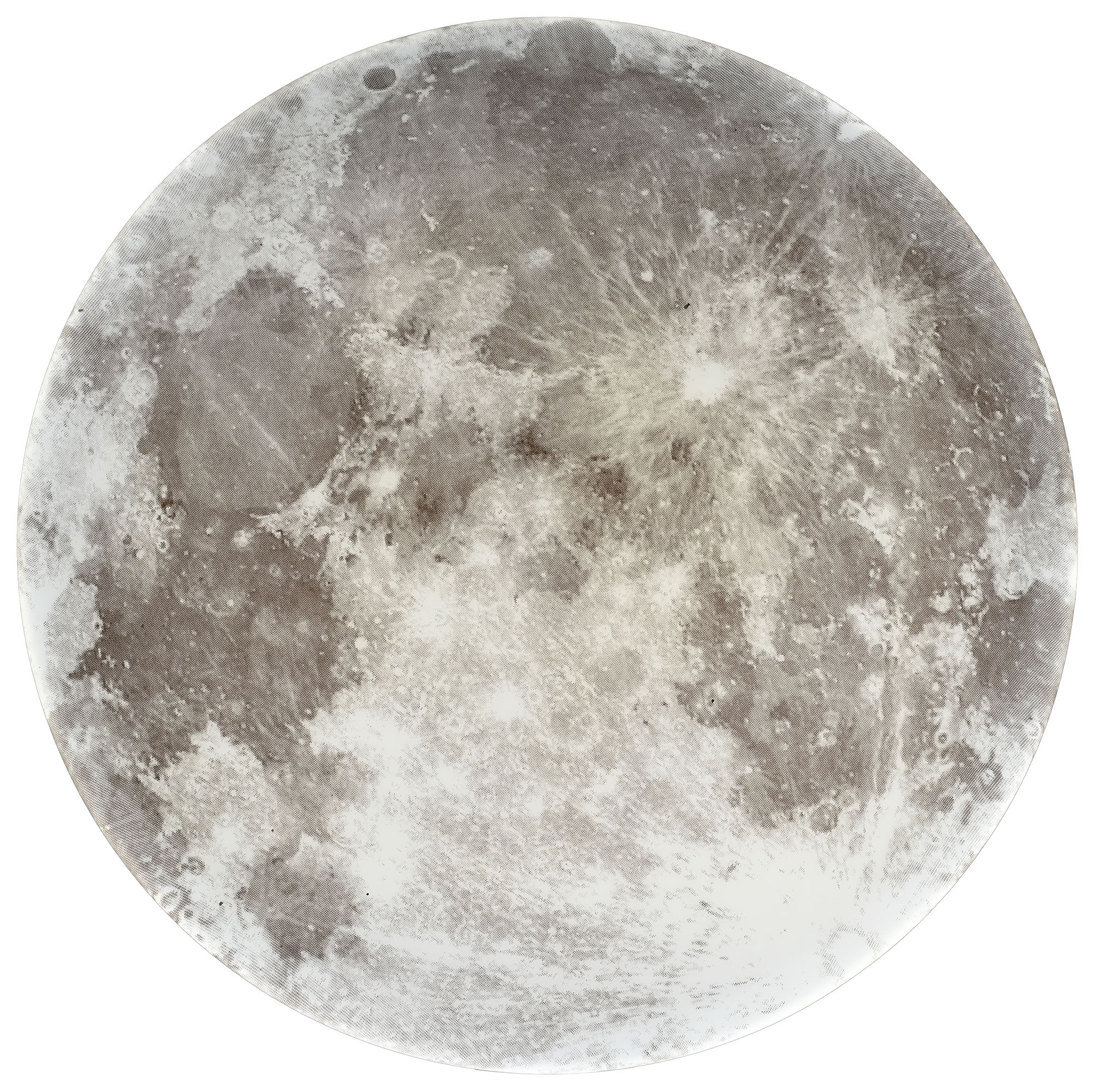 Okrągły obraz Księżyca, z kraterami i szczegółami, na białym tle.