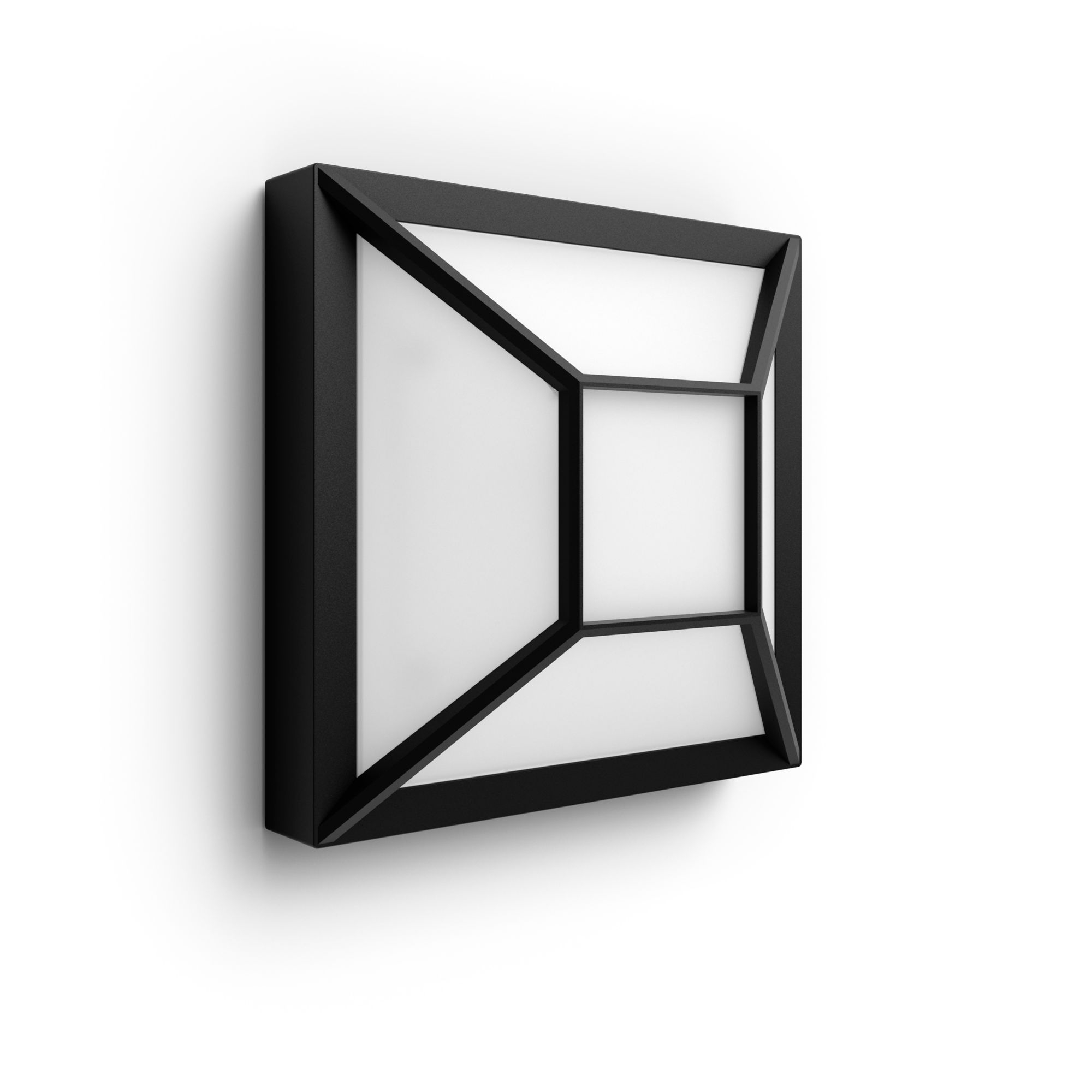 Schwarze Außenwandleuchte mit geometrischem Design und weißen Lichtpaneelen an einer weißen Wand.