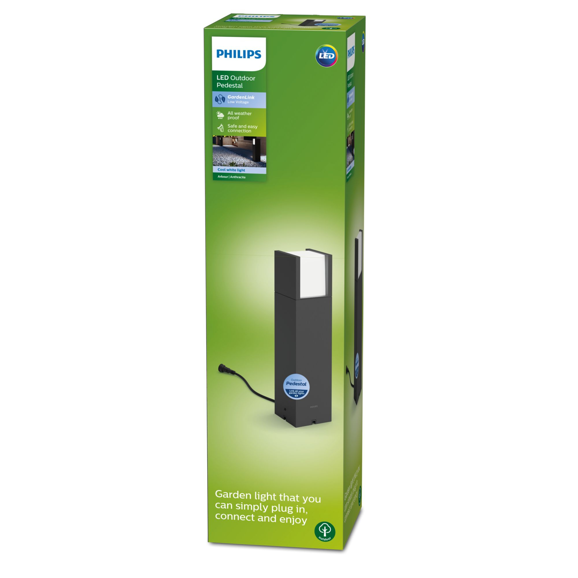 Hohe, grüne und schwarze Philips LED-Außenstehleuchte in einer Box. Die Box hat ein Gartenlichtfoto darauf.