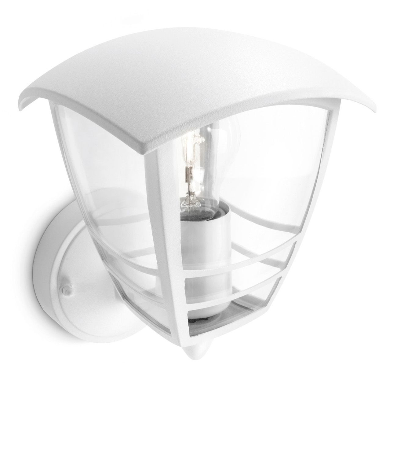 Weiße Außenlampe mit klarer Front und sichtbarer Glühbirne. Weißer Hintergrund.