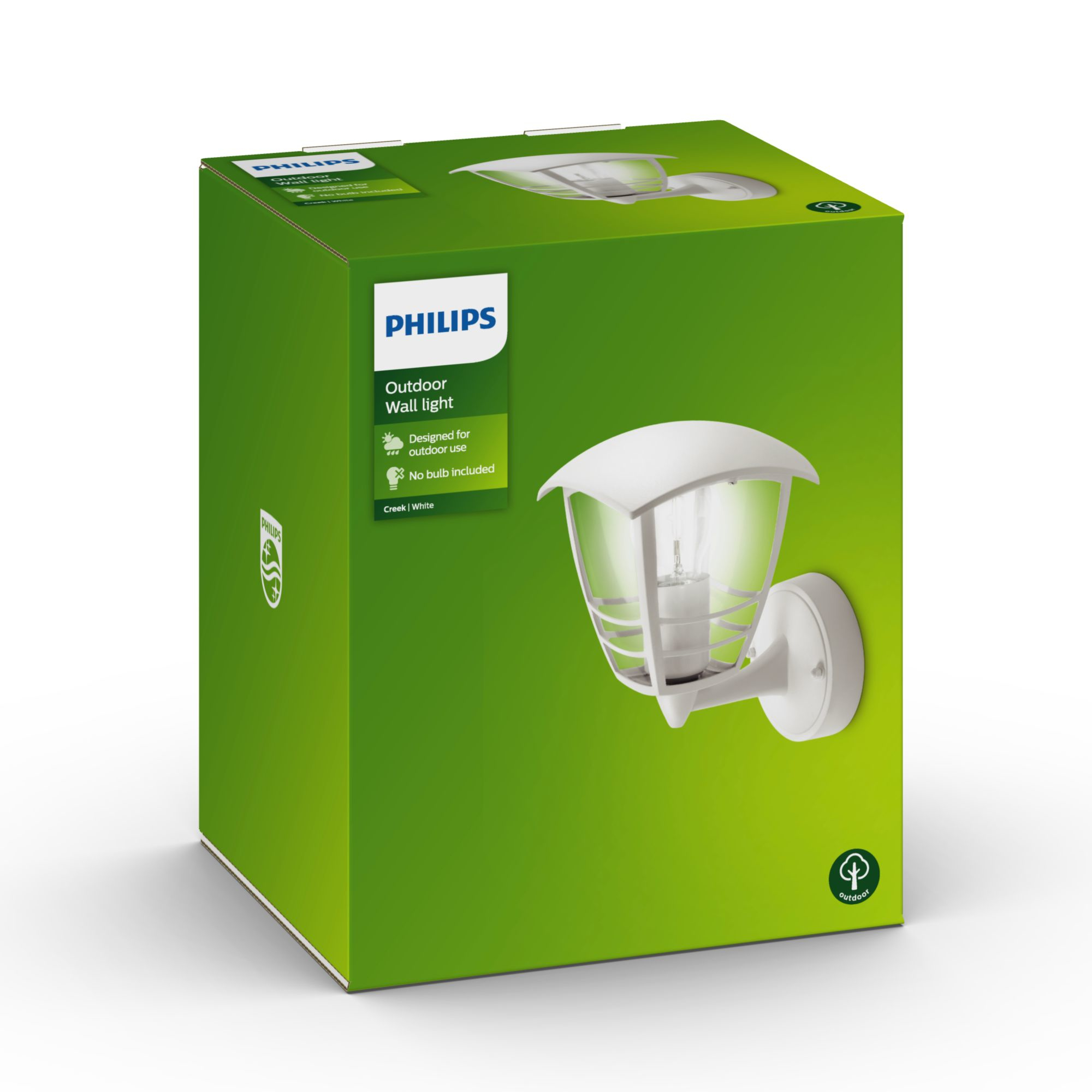 Grüne Box mit einem weißen Außenwandleuchtenbild, Produktpräsentation.