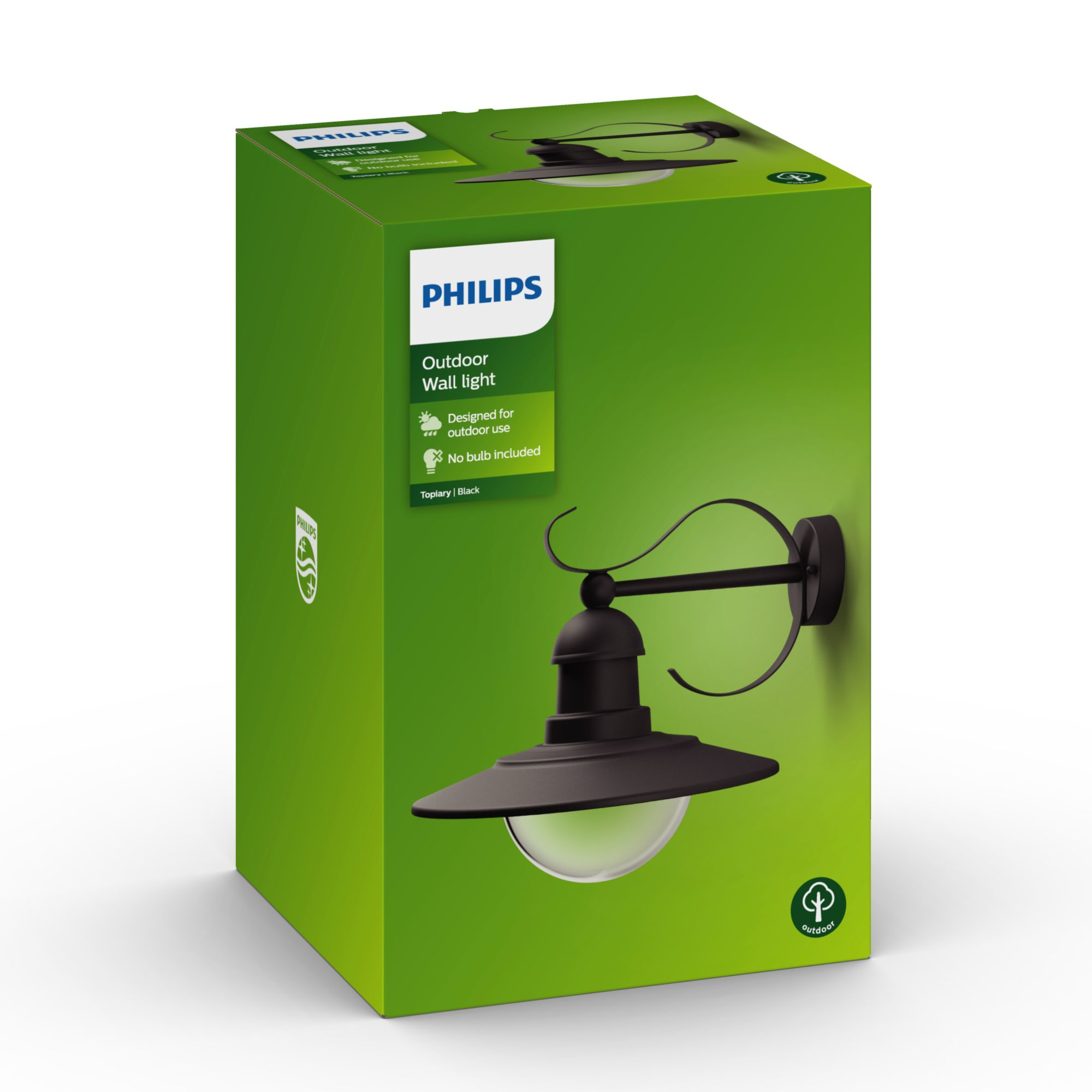 Scatola con una lampada da parete per esterni nera. Sfondo verde con marchio Philips.