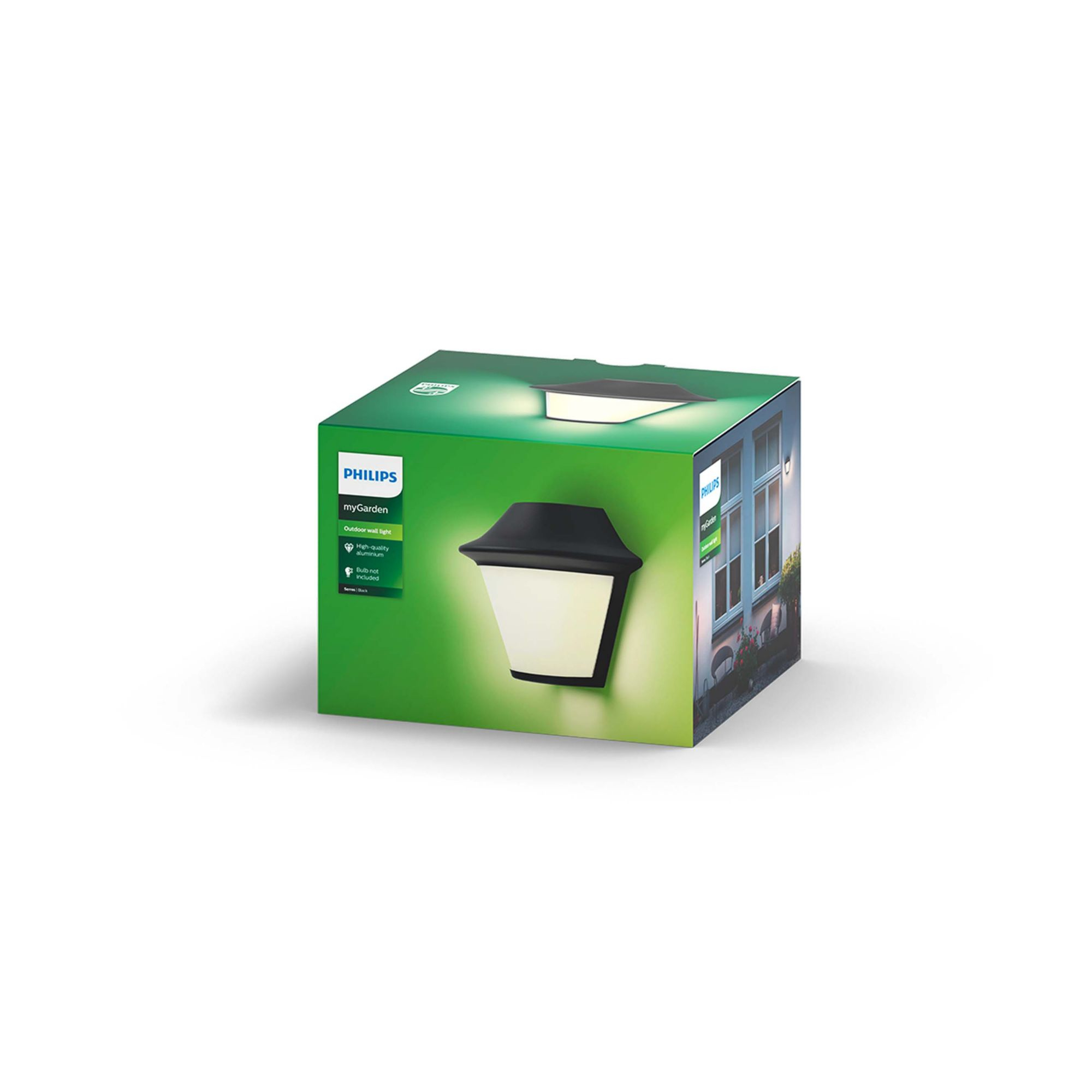 Grüne Box mit einem schwarz-weißen Außenwandleuchtenbild, Produktpräsentation.