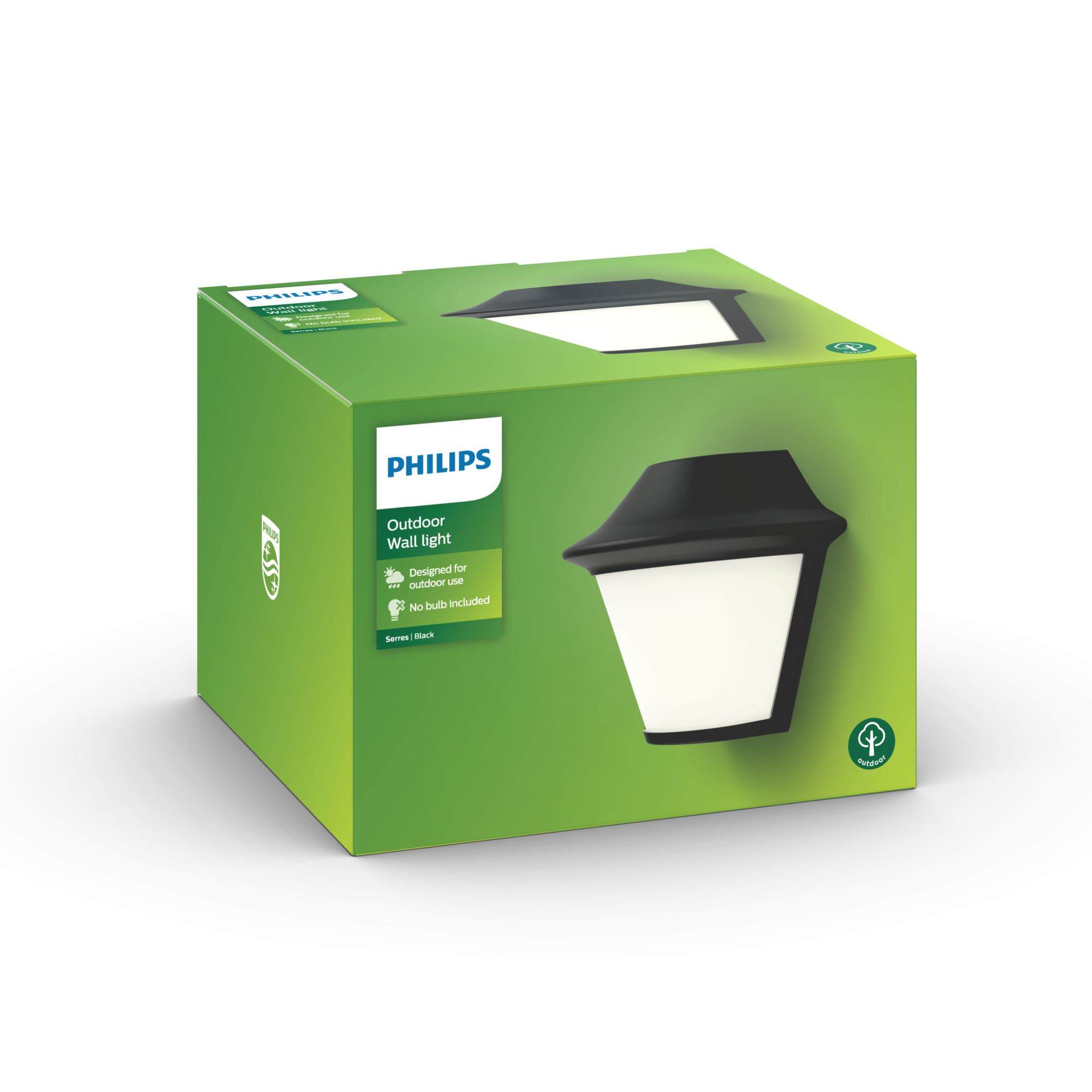 Karton mit schwarzer Außenwandleuchte. Grüner Hintergrund mit Philips-Logo.
