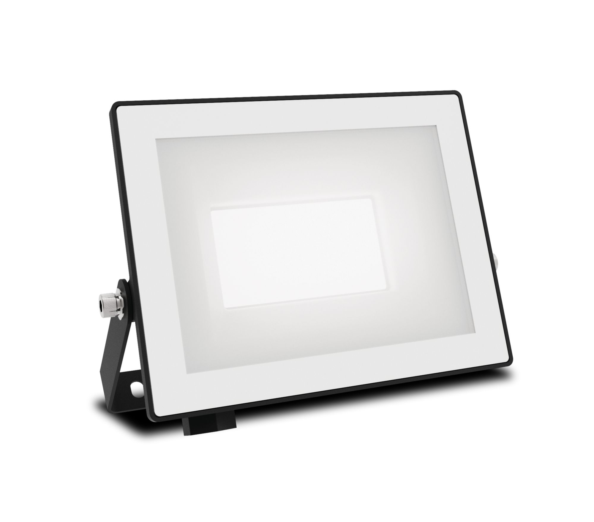 Een rechthoekige LED-schijnwerper met een zwart frame en een wit binnenste gebied. Een metalen beugel is bevestigd.