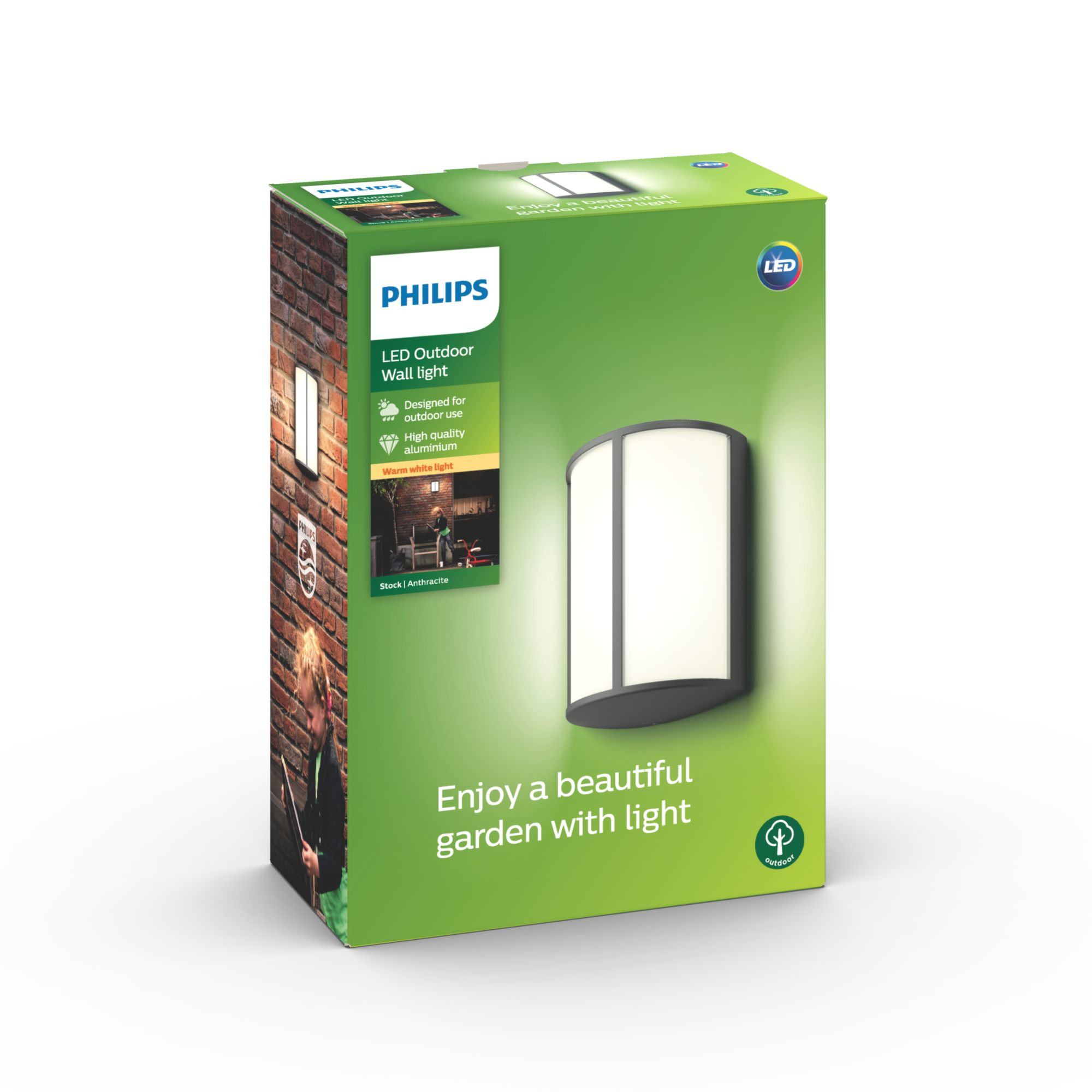 Box für eine Philips LED-Außenwandleuchte, grün und weiß mit Wandleuchtenbild.