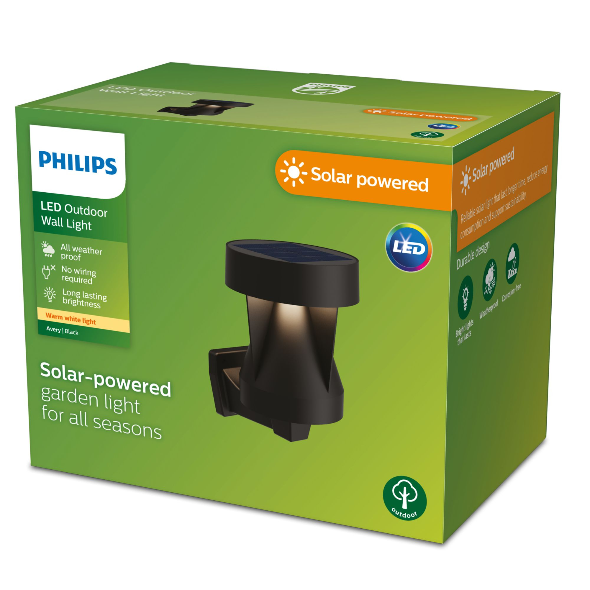 Schwarze Philips Solar-Gartenleuchte und ihre Verpackung. Die Leuchte ist schwarz und solarbetrieben.