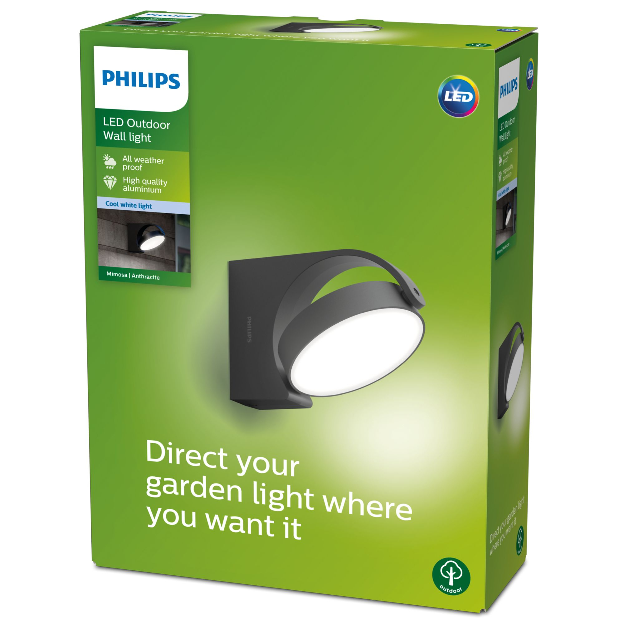 Lampada da parete per esterni a LED Philips in scatola, nera, sfondo verde, con informazioni sul prodotto e sul marchio.