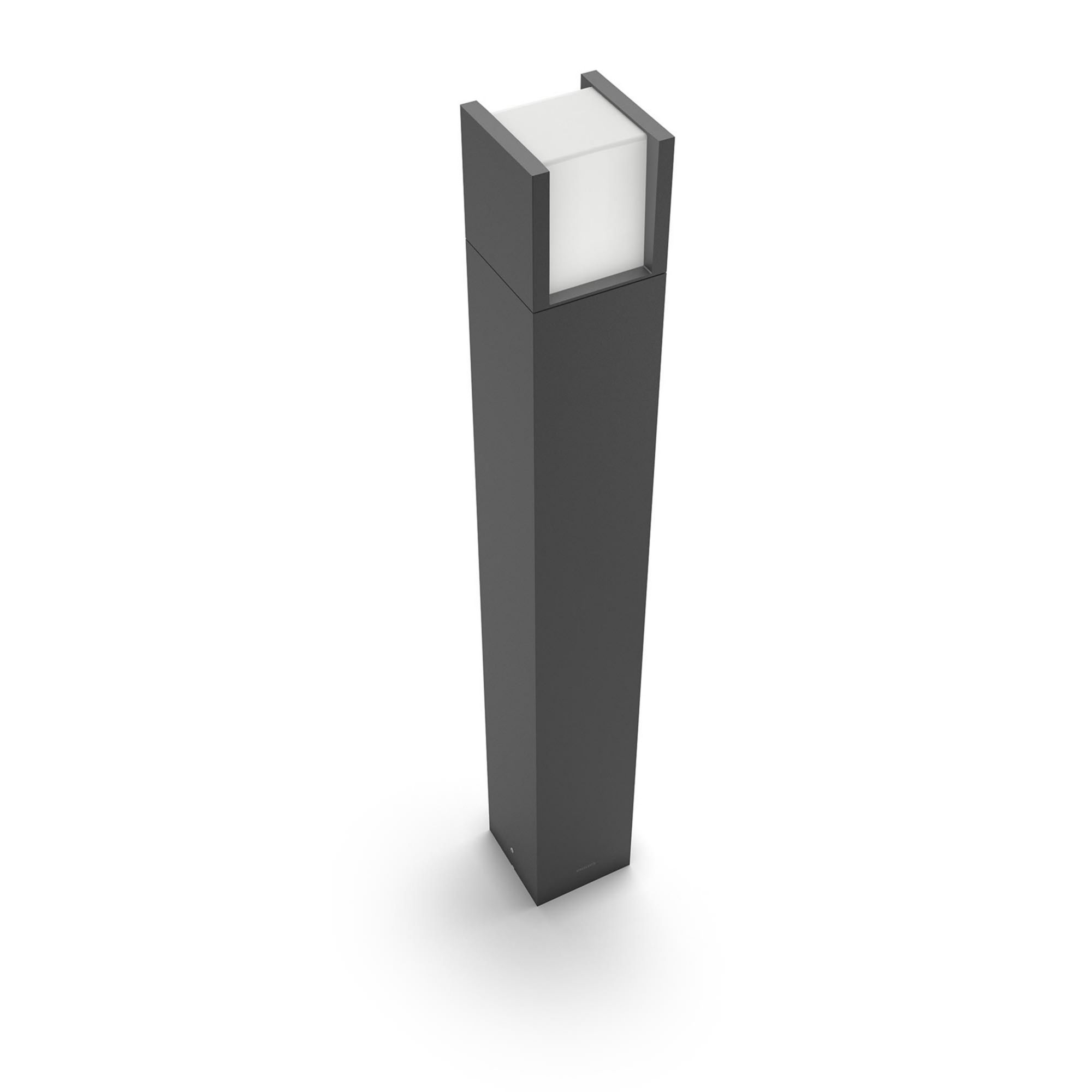 Un palo della luce per esterni nero, di forma quadrata, con una parte superiore bianca. È un design moderno ed elegante.