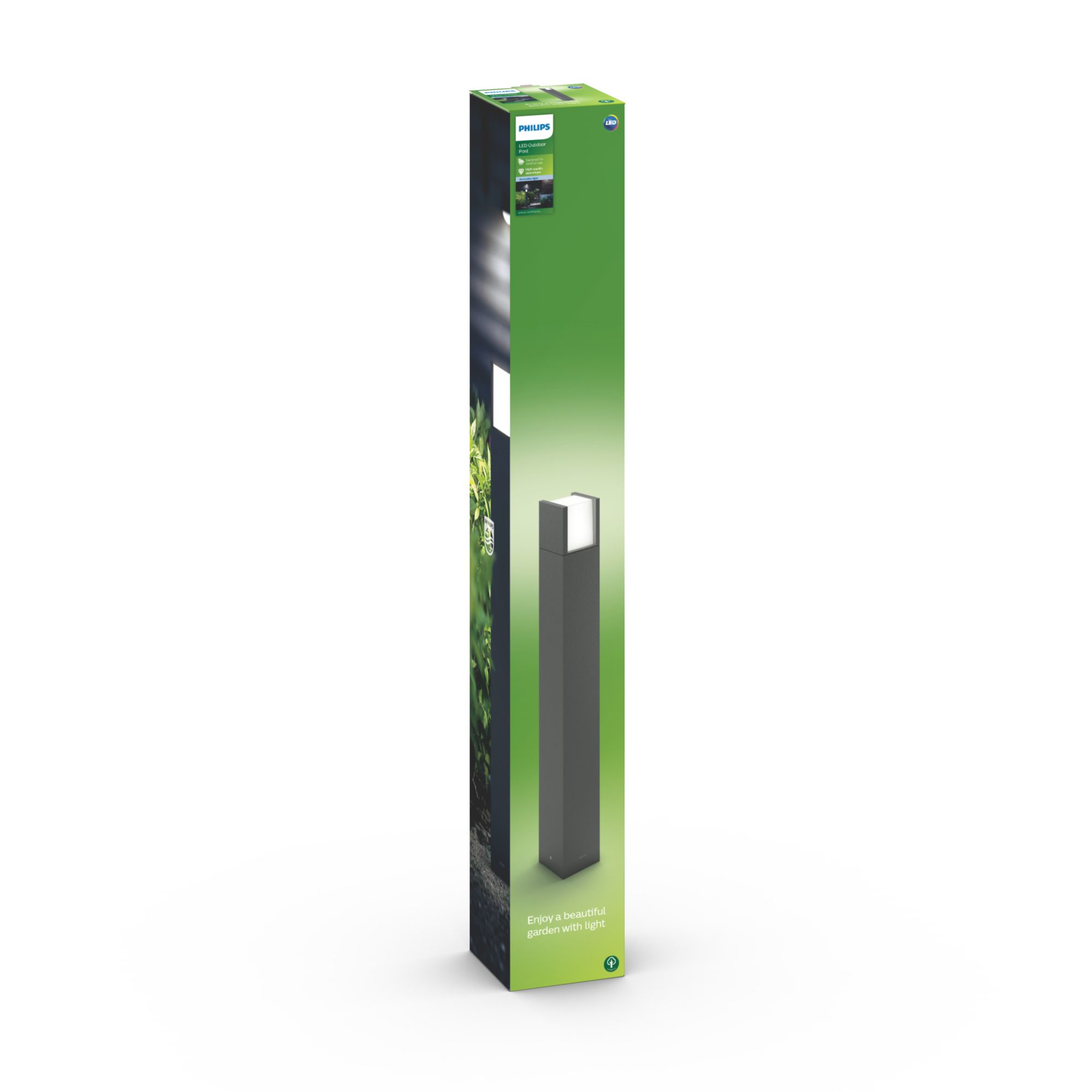 Scatola con una luce a piedistallo per esterni nera. Sfondo verde con marchio Philips.