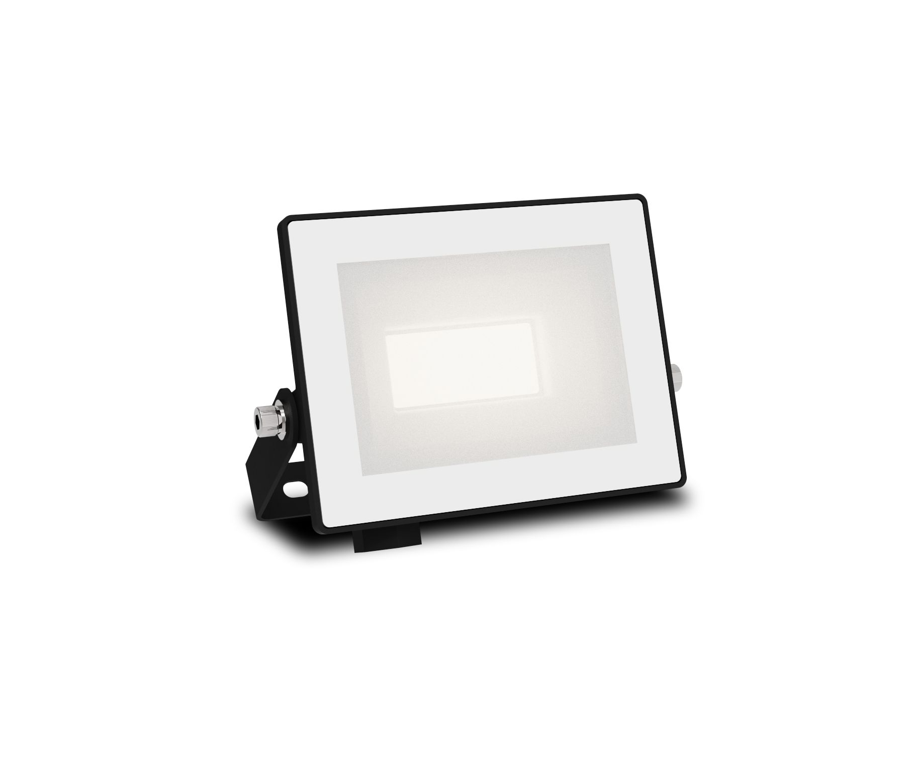 Schwarzer rechteckiger LED-Flutlichtstrahler, weißes Licht, schwarze Halterung.