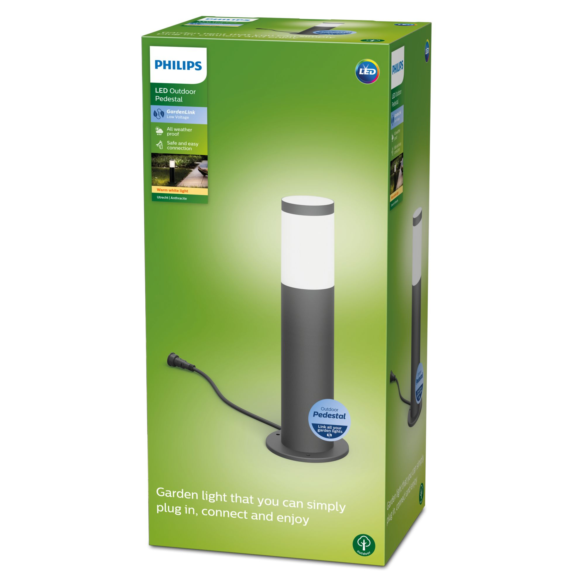 Scatola con lampada a piedistallo LED per esterni Philips. La luce è grigio scuro con la parte superiore bianca. Sfondo verde.