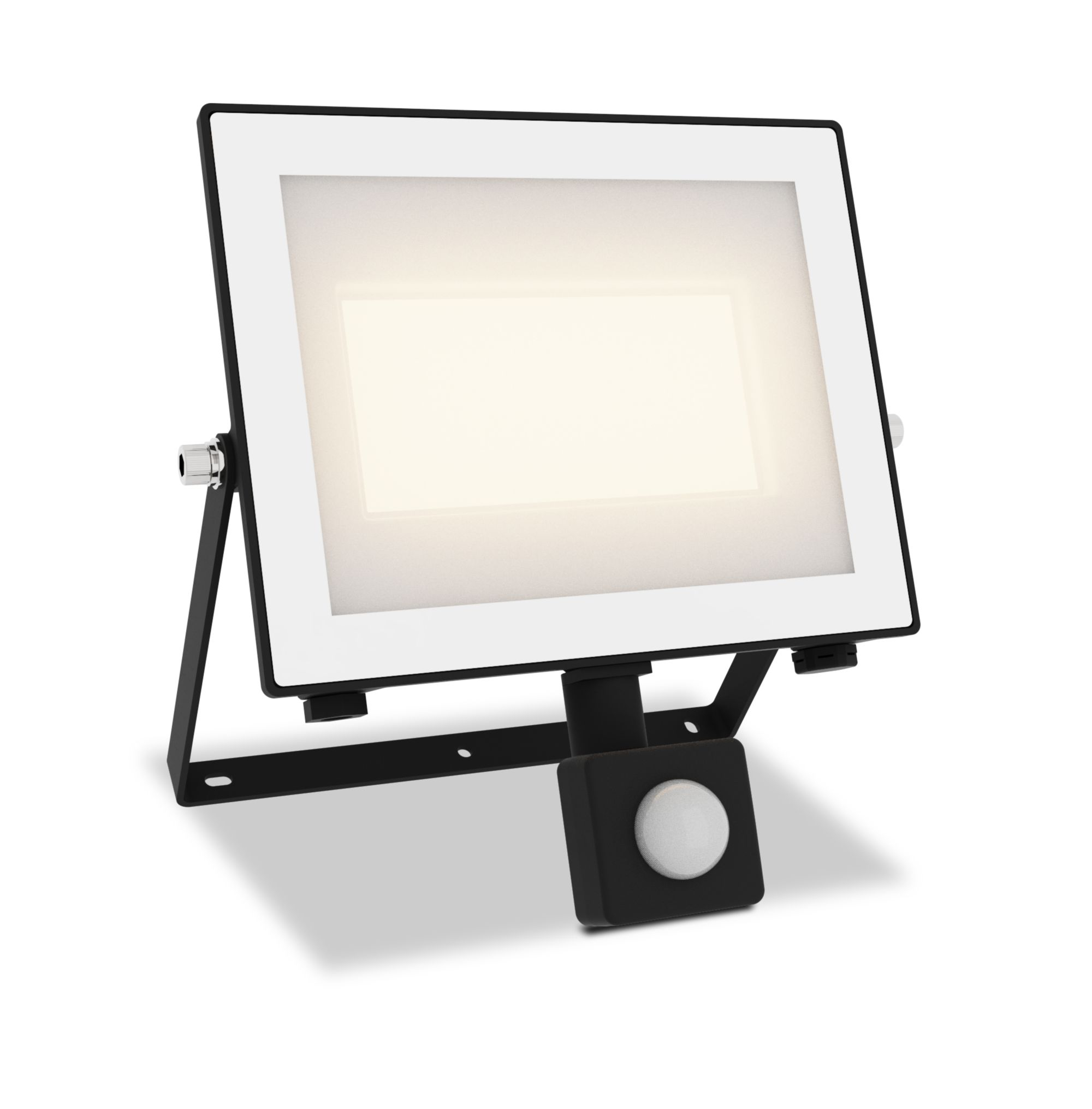 Ein schwarzer, rechteckiger Fluter mit weißem Innenrahmen und Sensor. Helles Licht ist an.