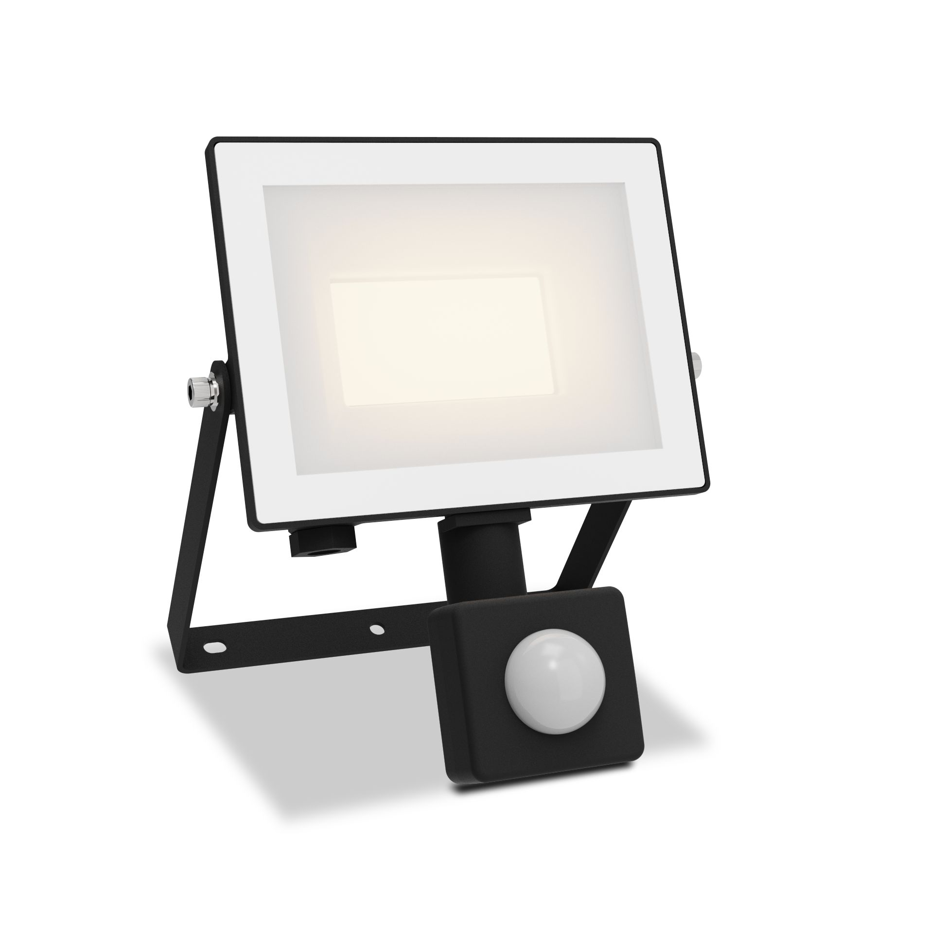 Czarny reflektor z białym panelem świetlnym i czujnikiem. Jest zamontowany na białej powierzchni.