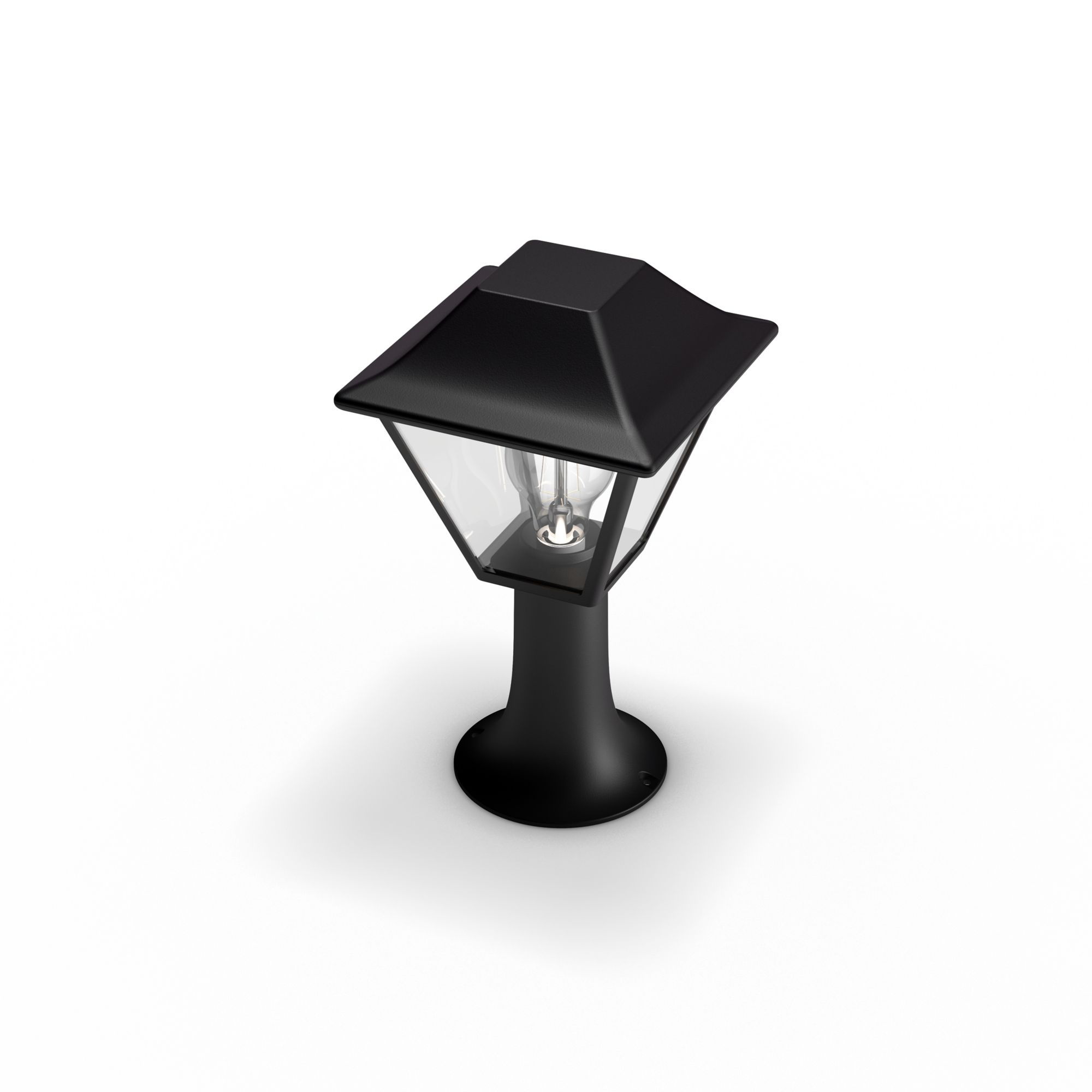 Lampada da esterno nera su piedistallo con un alloggiamento per lampada in vetro trasparente e una lampadina all'interno.