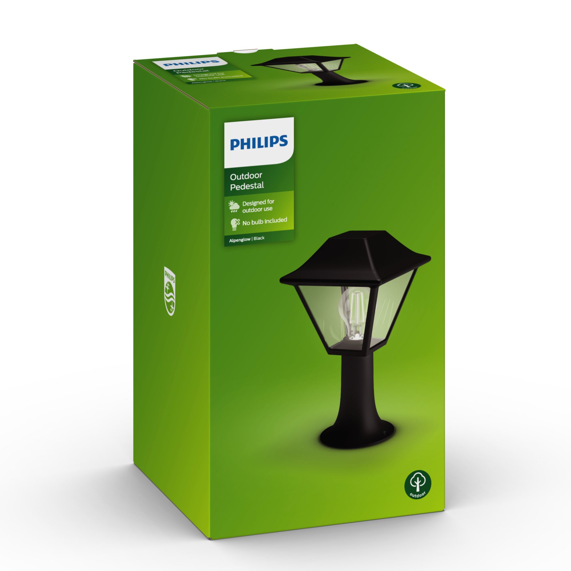 Scatola di una lampada a piedistallo per esterni. La lampada è nera e ha vetro trasparente. Sfondo verde.