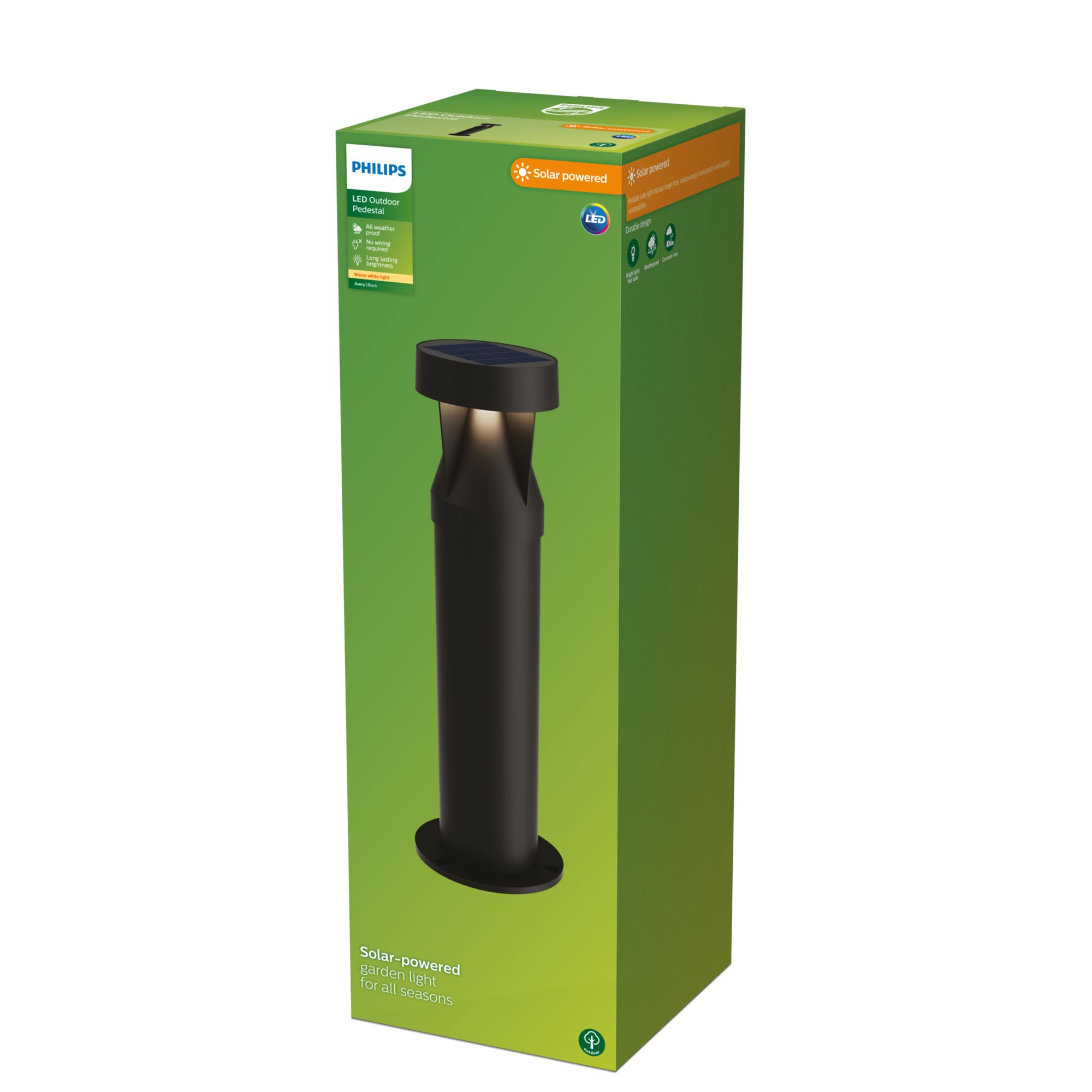 Karton mit einer schwarzen LED-Außen-Sockel-Gartenleuchte, grüne und weiße Verpackung.