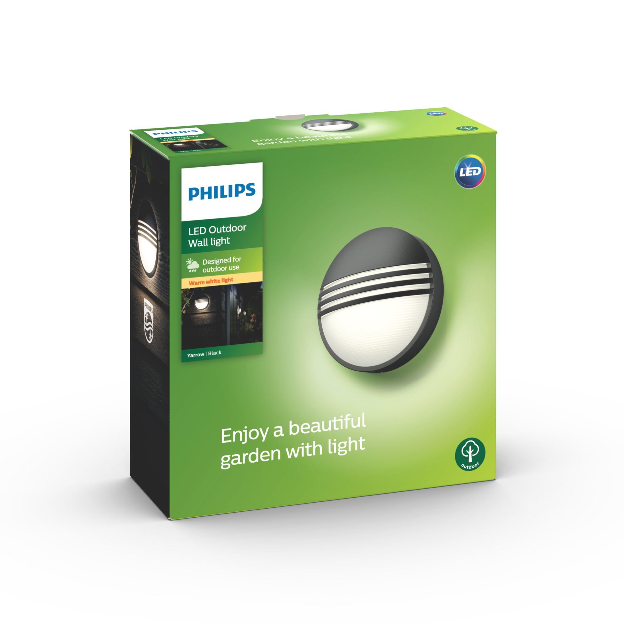 Verpackte LED-Außenwandleuchte, grün-weiße Verpackung, mit einer Gartenleuchte gezeigt.