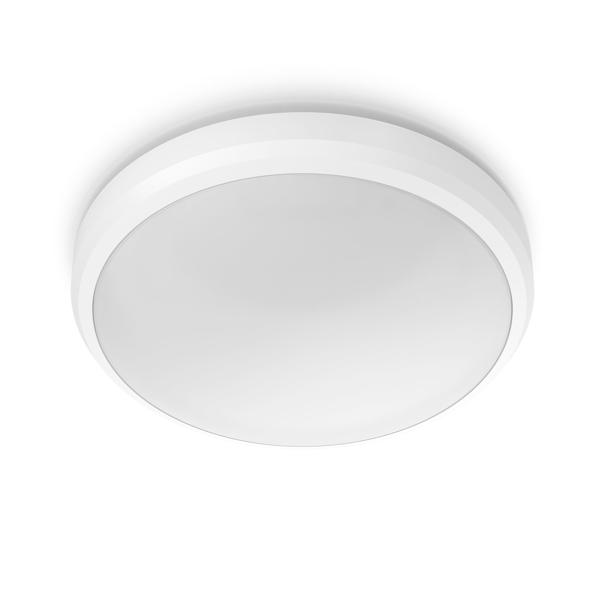 Lampada da soffitto rotonda bianca. È un design piatto e circolare. Sfondo bianco.