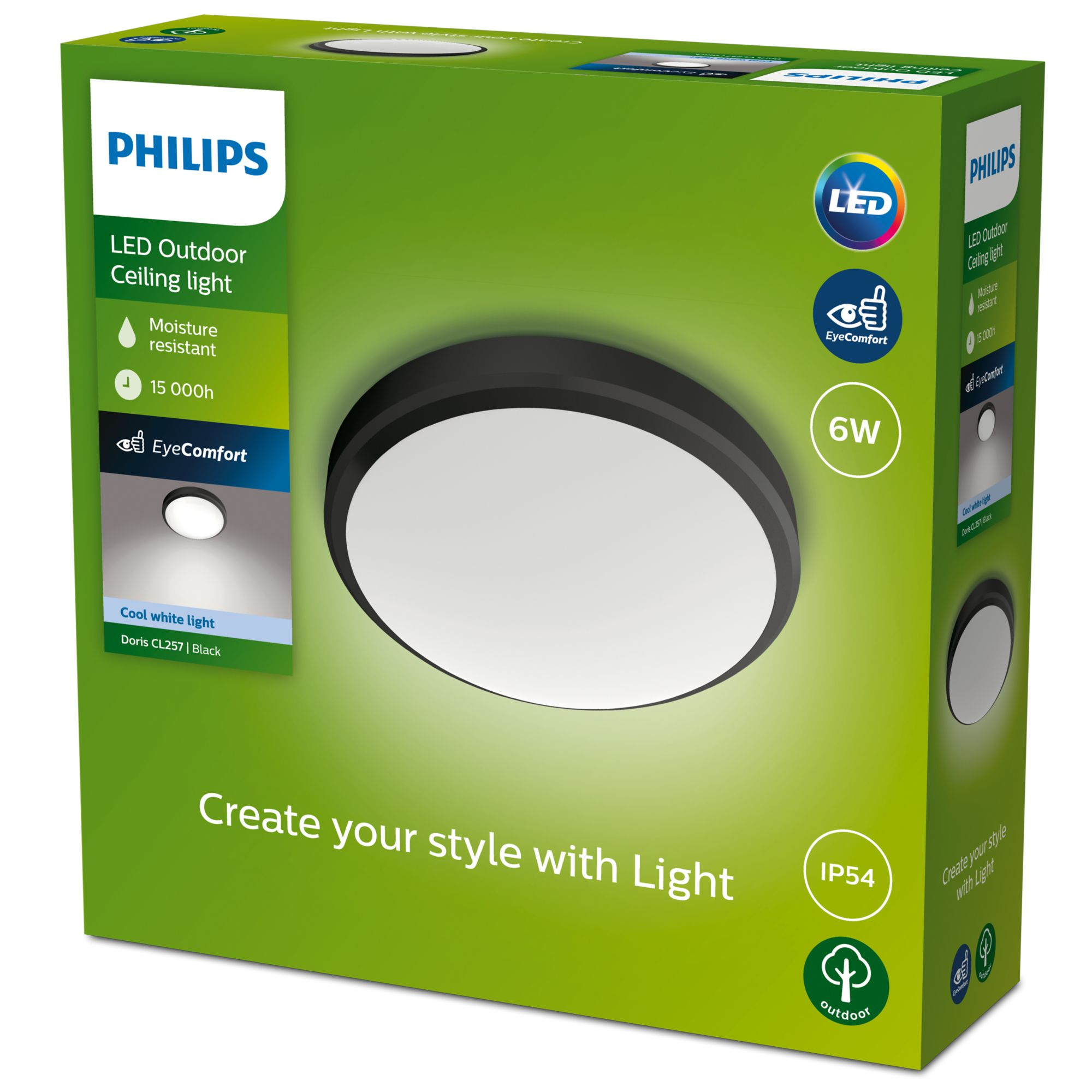 Scatola verde con plafoniera a LED Philips. È bianca e nera, con dettagli del prodotto sulla scatola.