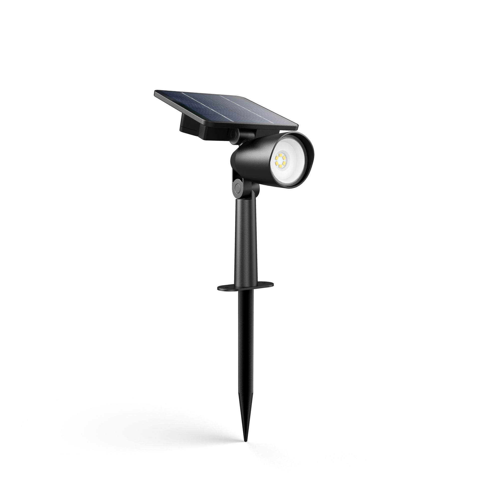 Faretto solare nero con una singola luce e un pannello solare. La luce è accesa.