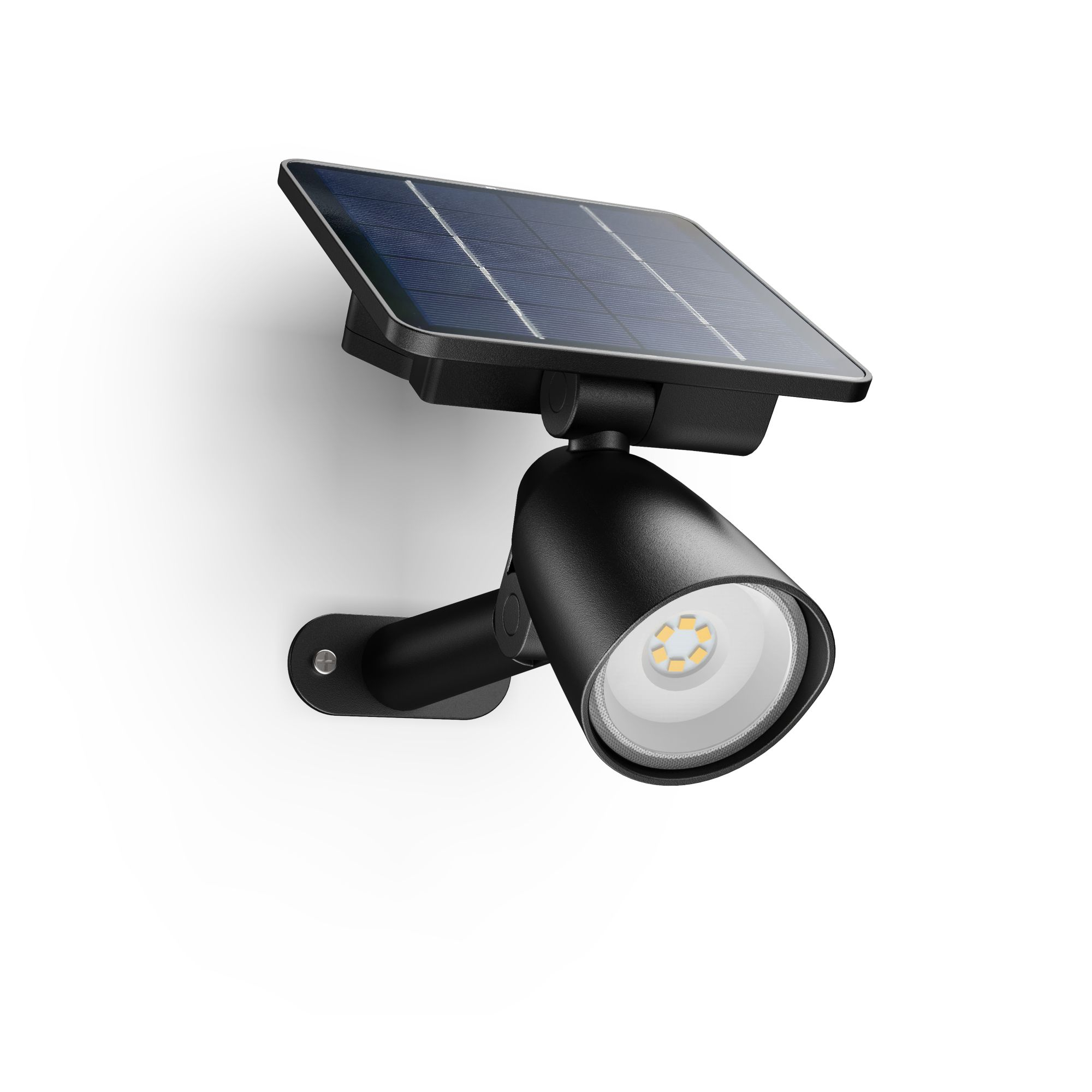 Faretto nero a energia solare su una parete bianca. Presenta un pannello solare e una luce.