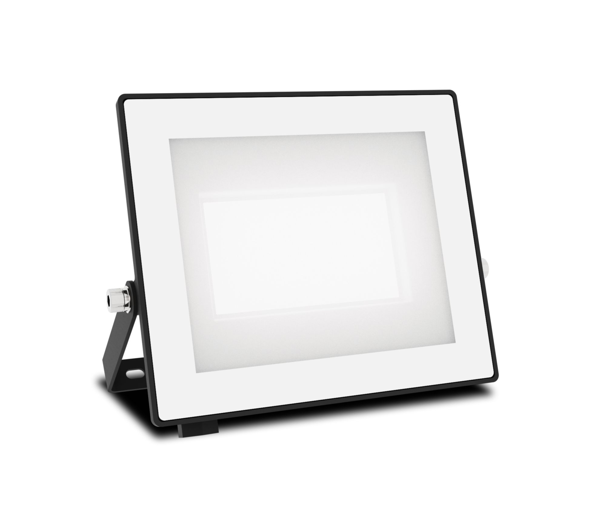 Ein schwarzer LED-Fluter mit hellem, weißem Licht. Der Hintergrund ist weiß.