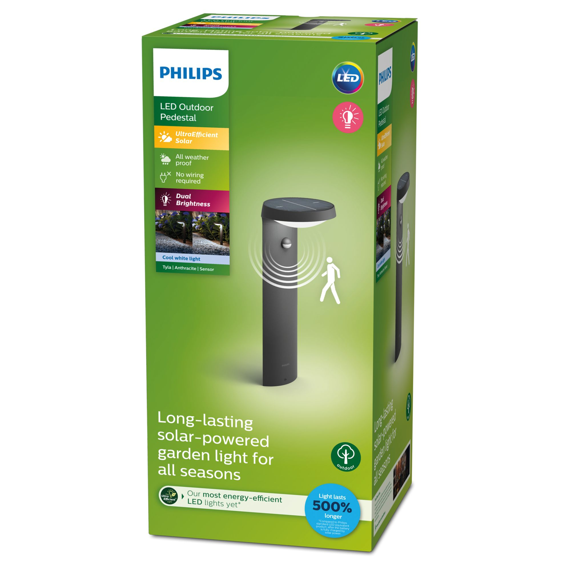 Una scatola verde Philips che mostra una luce da giardino a energia solare. Presenta un'immagine della luce.