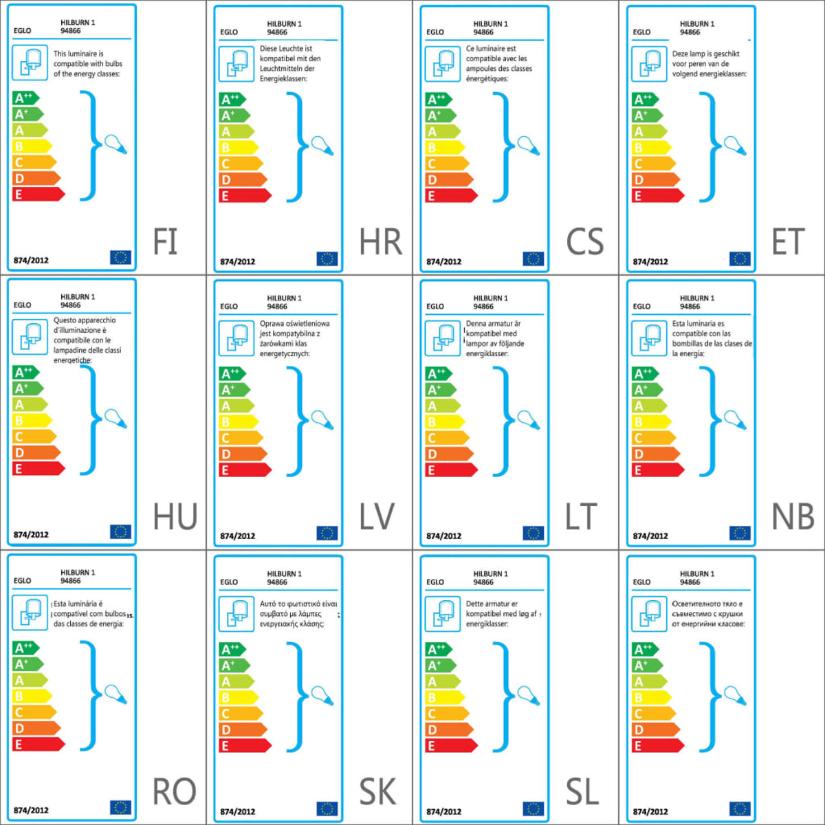 Etichette di efficienza energetica multilingue. Mostra le classi energetiche.