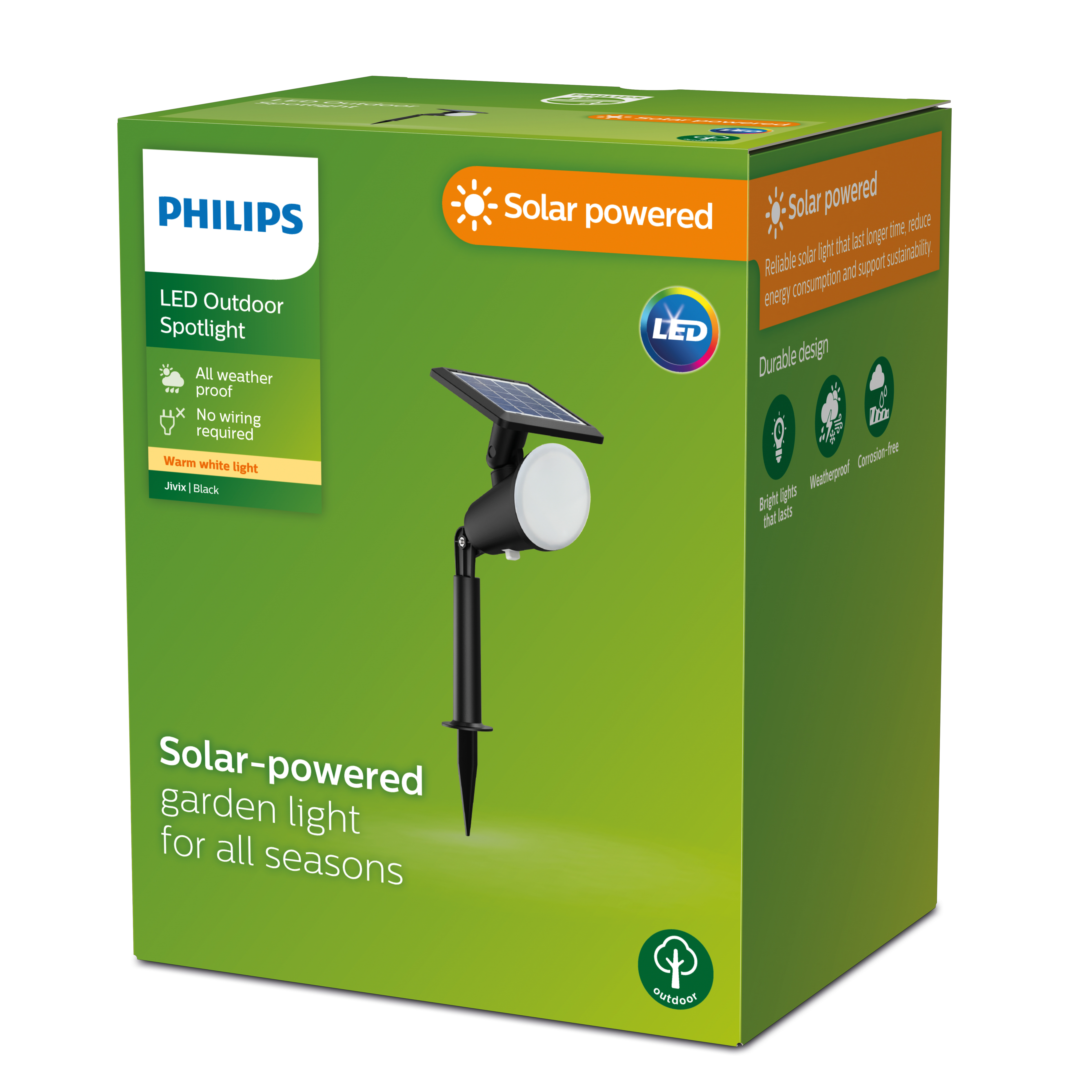 Karton mit Philips LED-Außenstrahler. Grün und schwarz. Text auf dem Karton.
