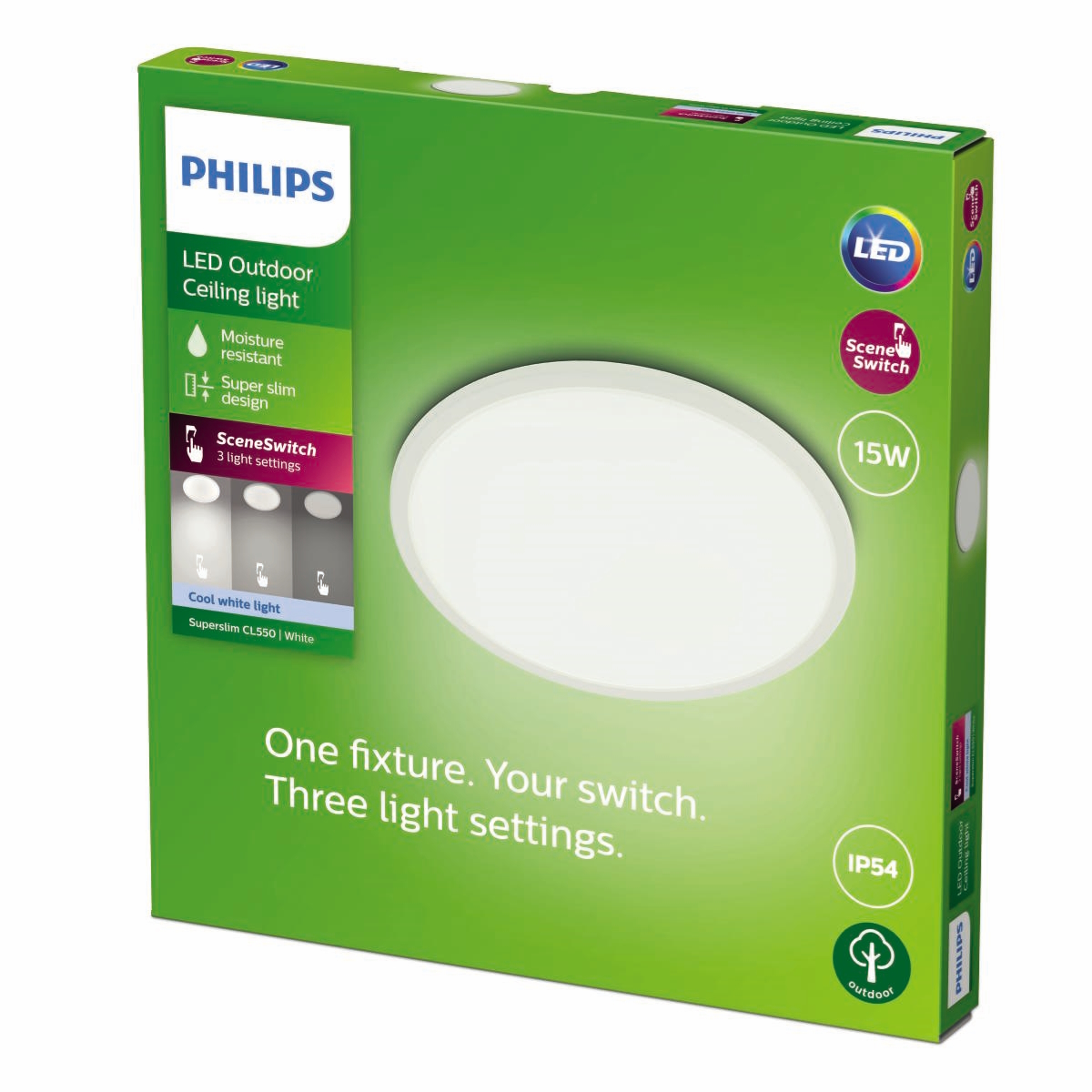 Una scatola con una plafoniera LED per esterni Philips e descrizioni delle caratteristiche.