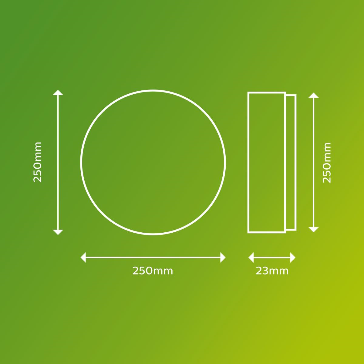 Diagramma con dimensioni. Cerchio e rettangolo con 250mm e 23mm.
