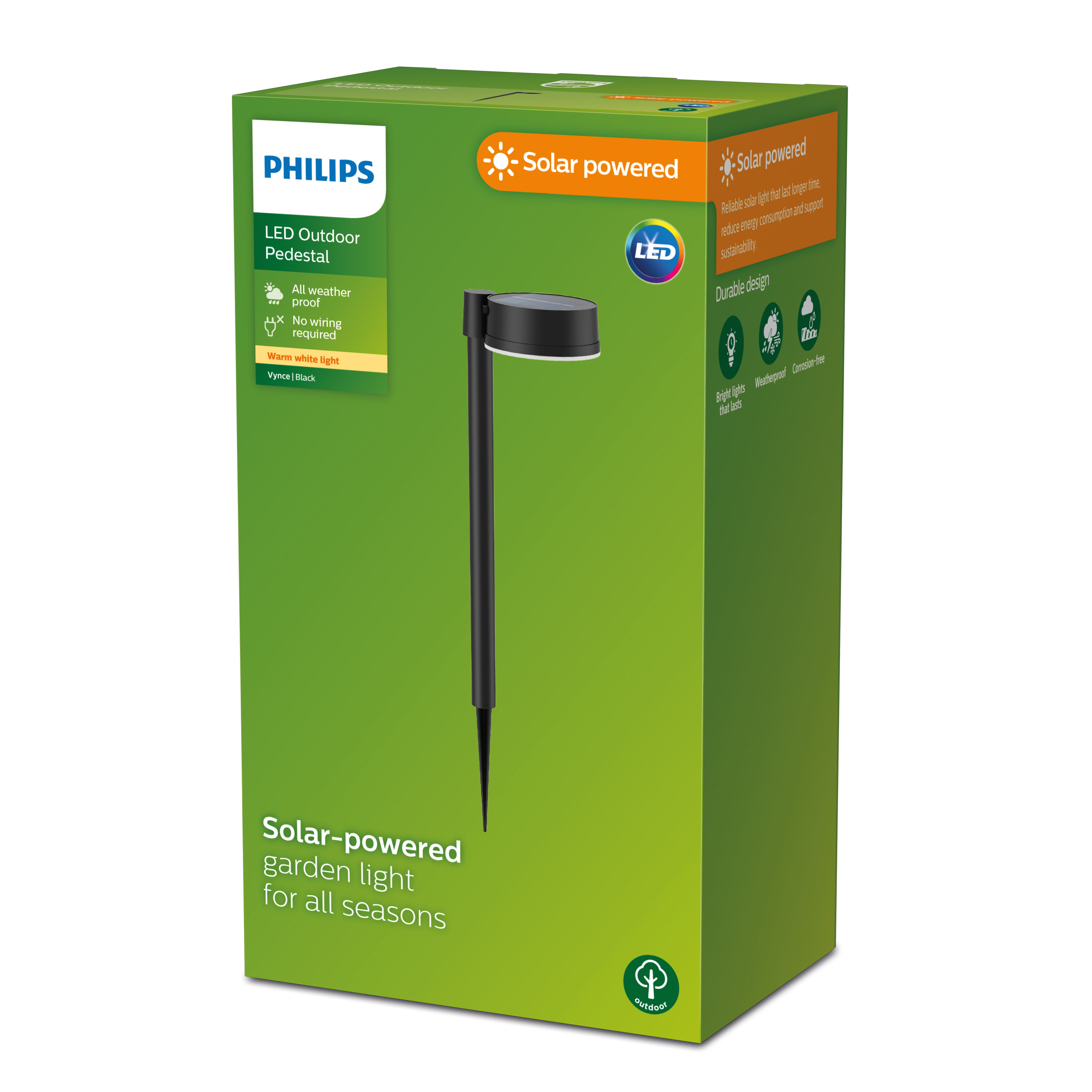 Una lampada da giardino a energia solare in scatola. Imballaggio verde e bianco. Mostra la luce e le specifiche.