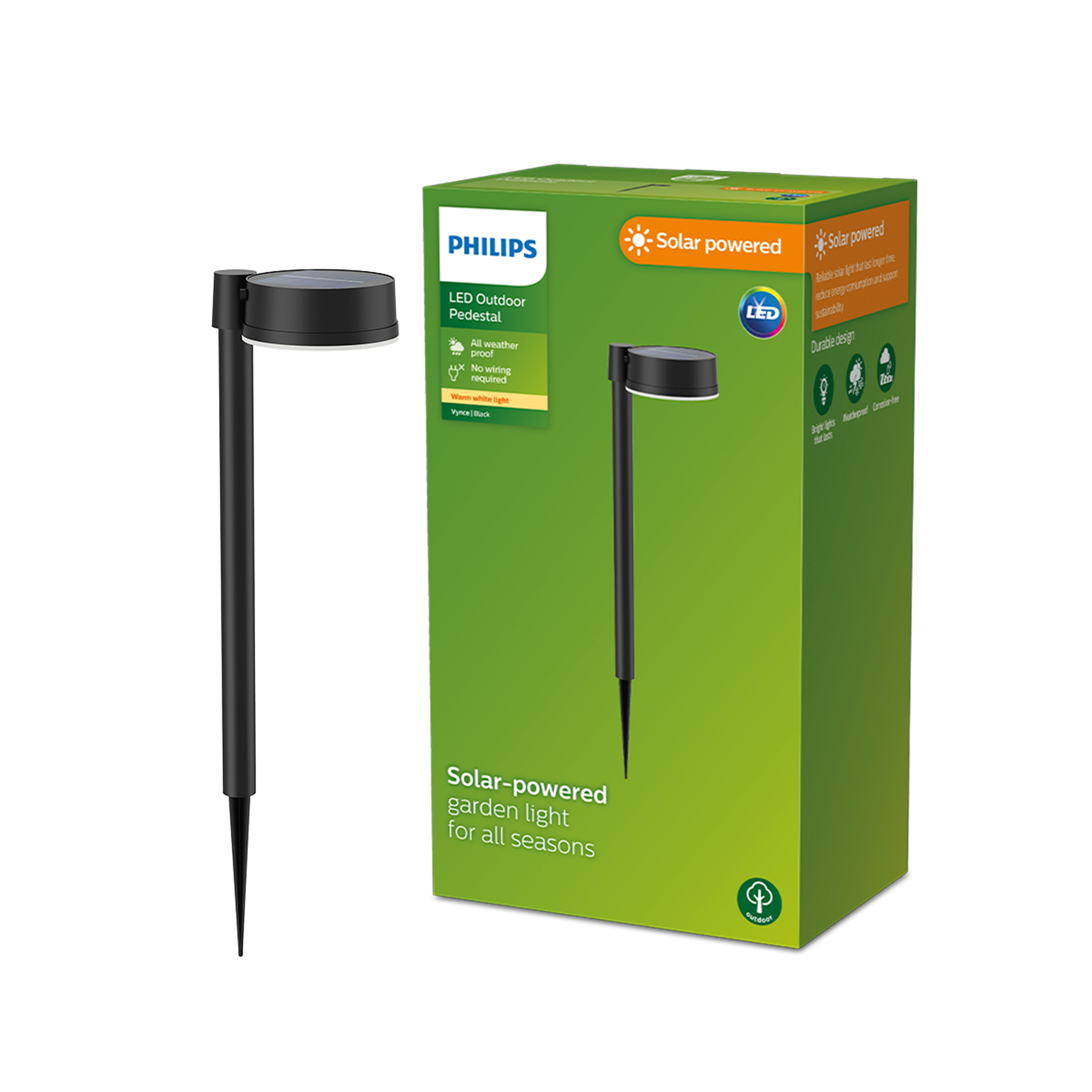 Una luce da giardino a energia solare nera con una scatola verde e dettagli del prodotto.
