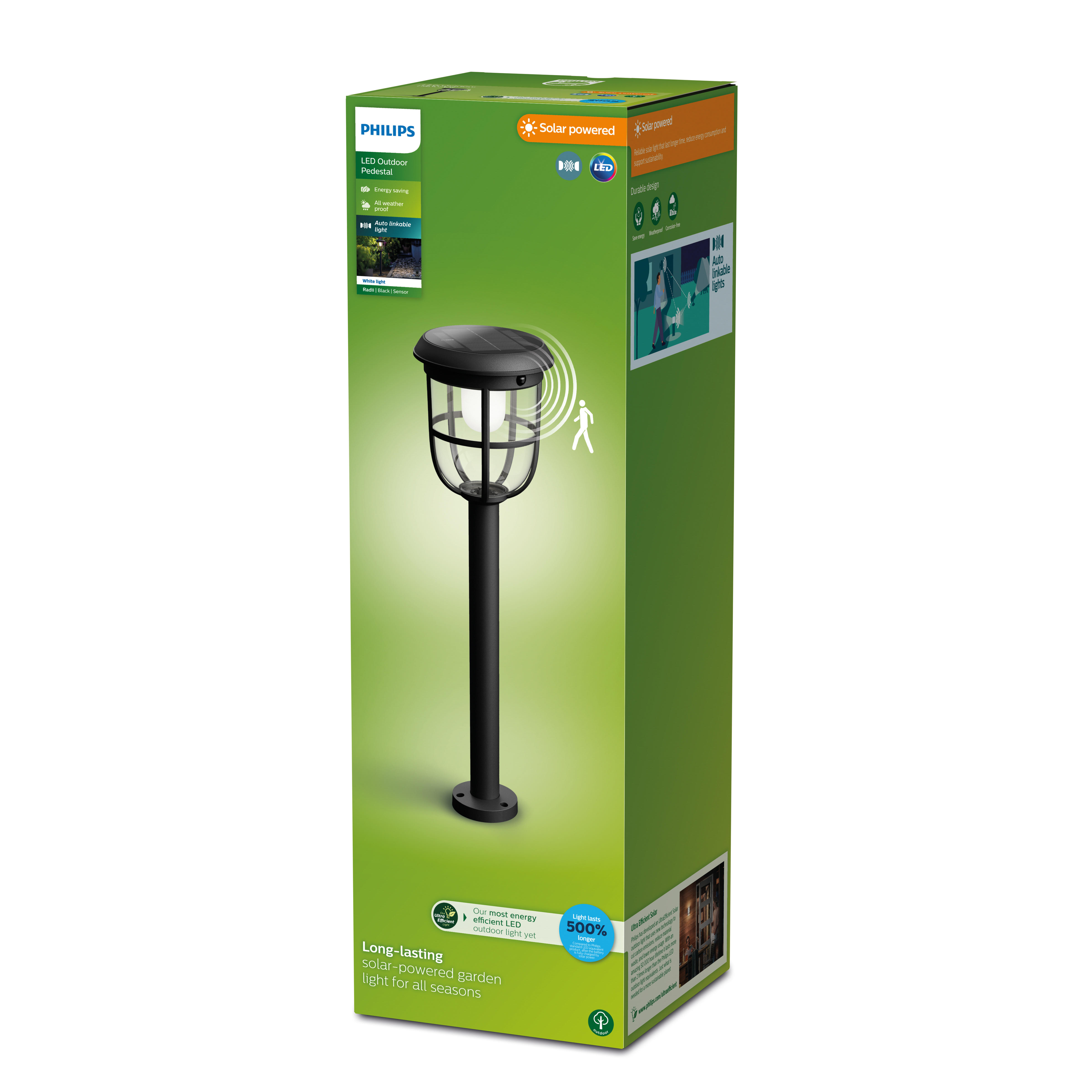 Luce da giardino a energia solare in una scatola. La luce è nera e cilindrica con una luce in cima.