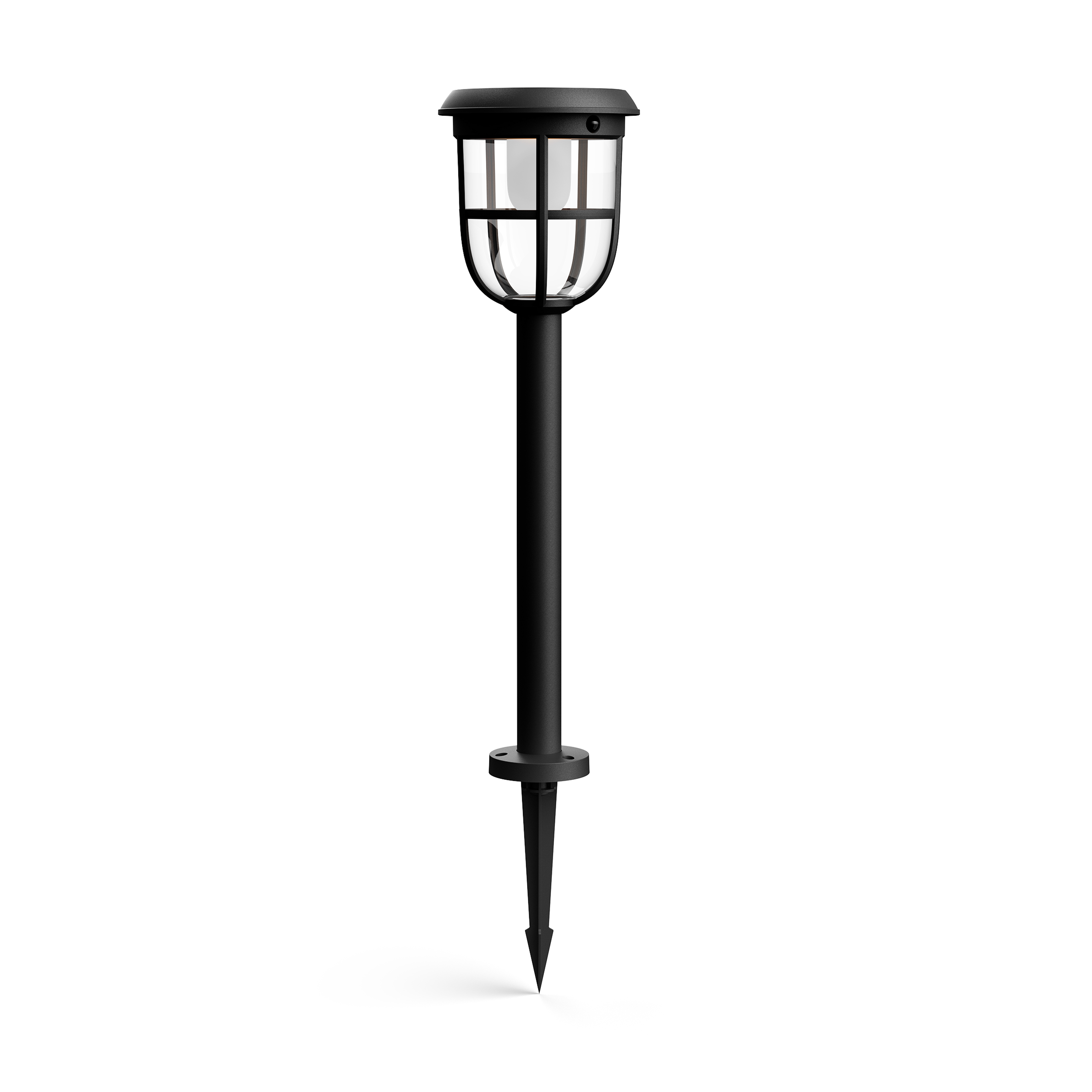 Una lampada solare da esterno nera su un palo. La lampada ha un design a gabbia. Il palo ha una punta.