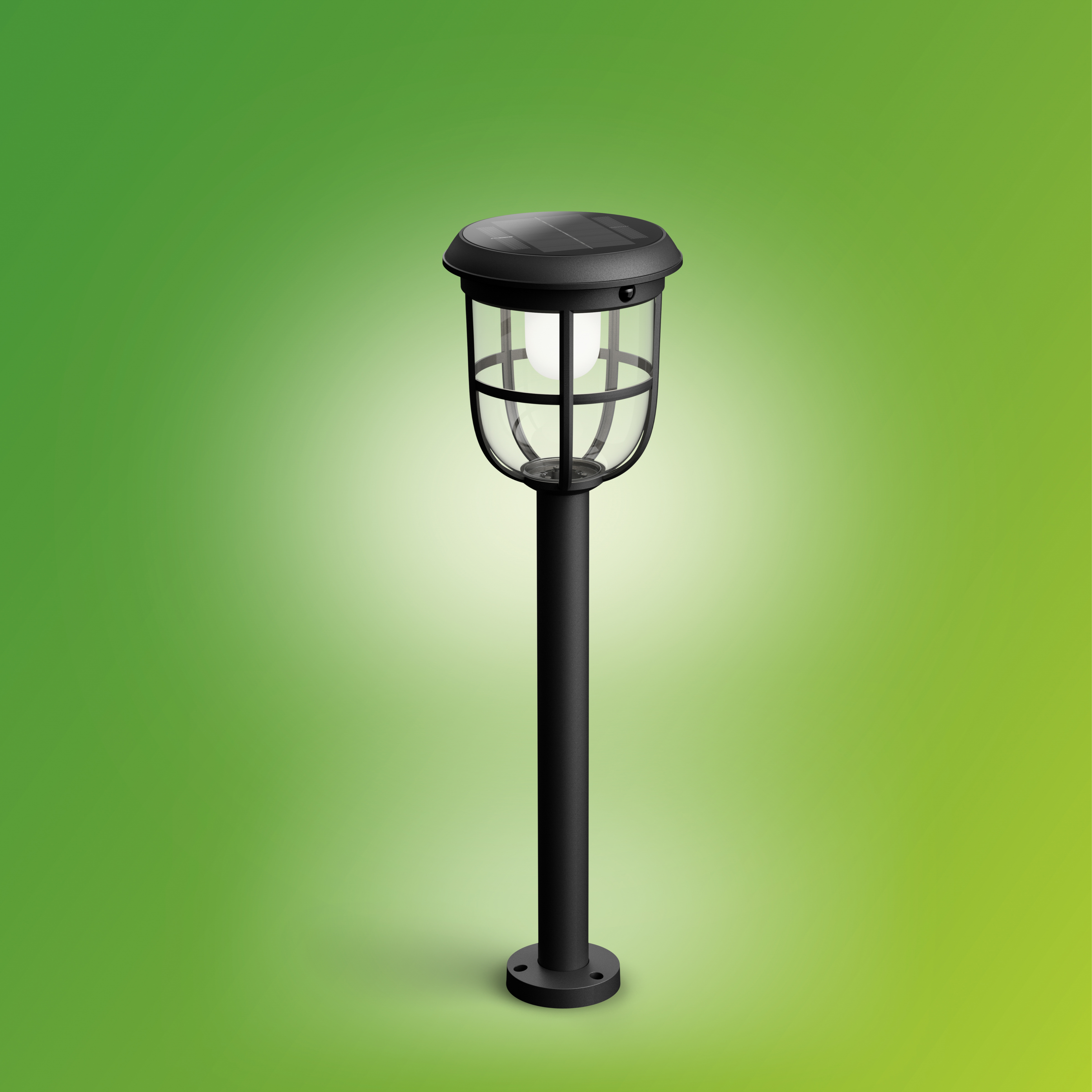 Lampada da esterno nera con pannello solare. Sfondo verde.