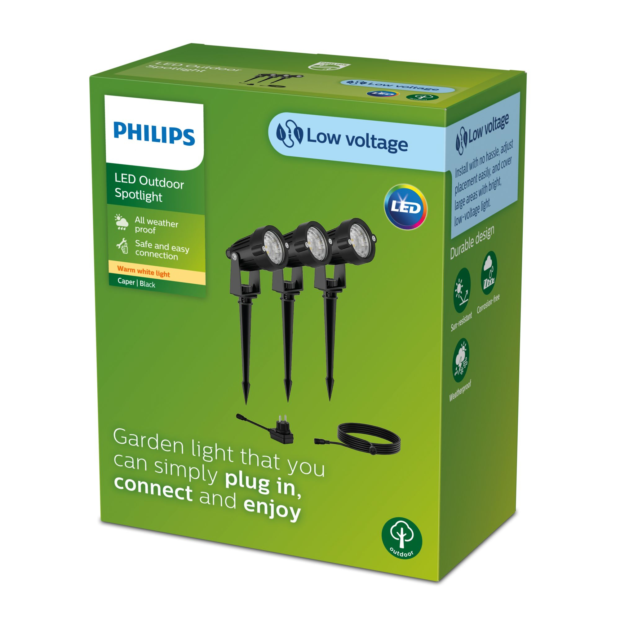 Set di faretti LED per esterni Philips in scatola con tre faretti, colore nero.
