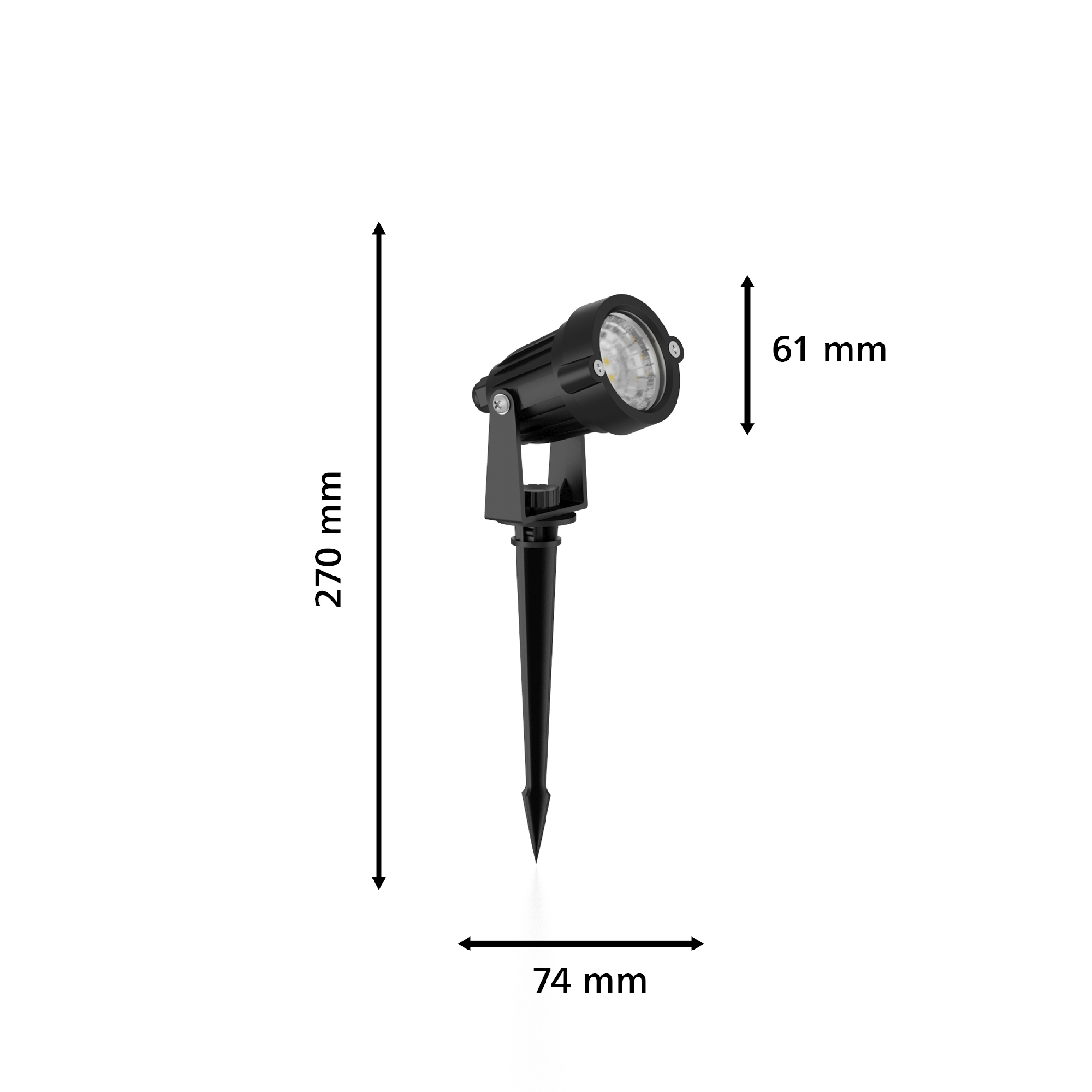 Faretto nero con dimensioni: altezza 270 mm, larghezza 74 mm e altezza testa 61 mm.