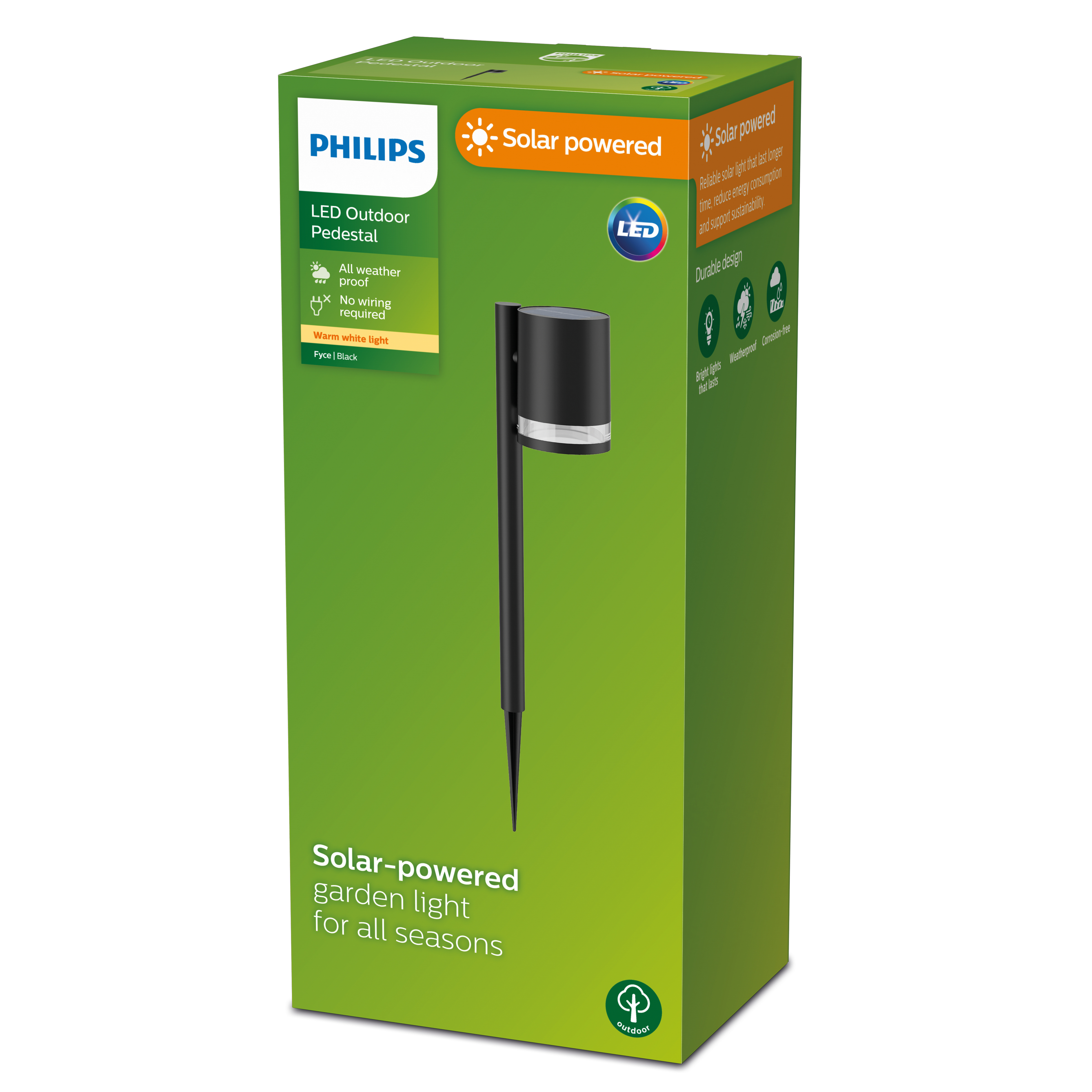 Philips Solar-Gartenleuchte in einer Box. Grüne und weiße Box mit schwarzem Licht, weißer Hintergrund.