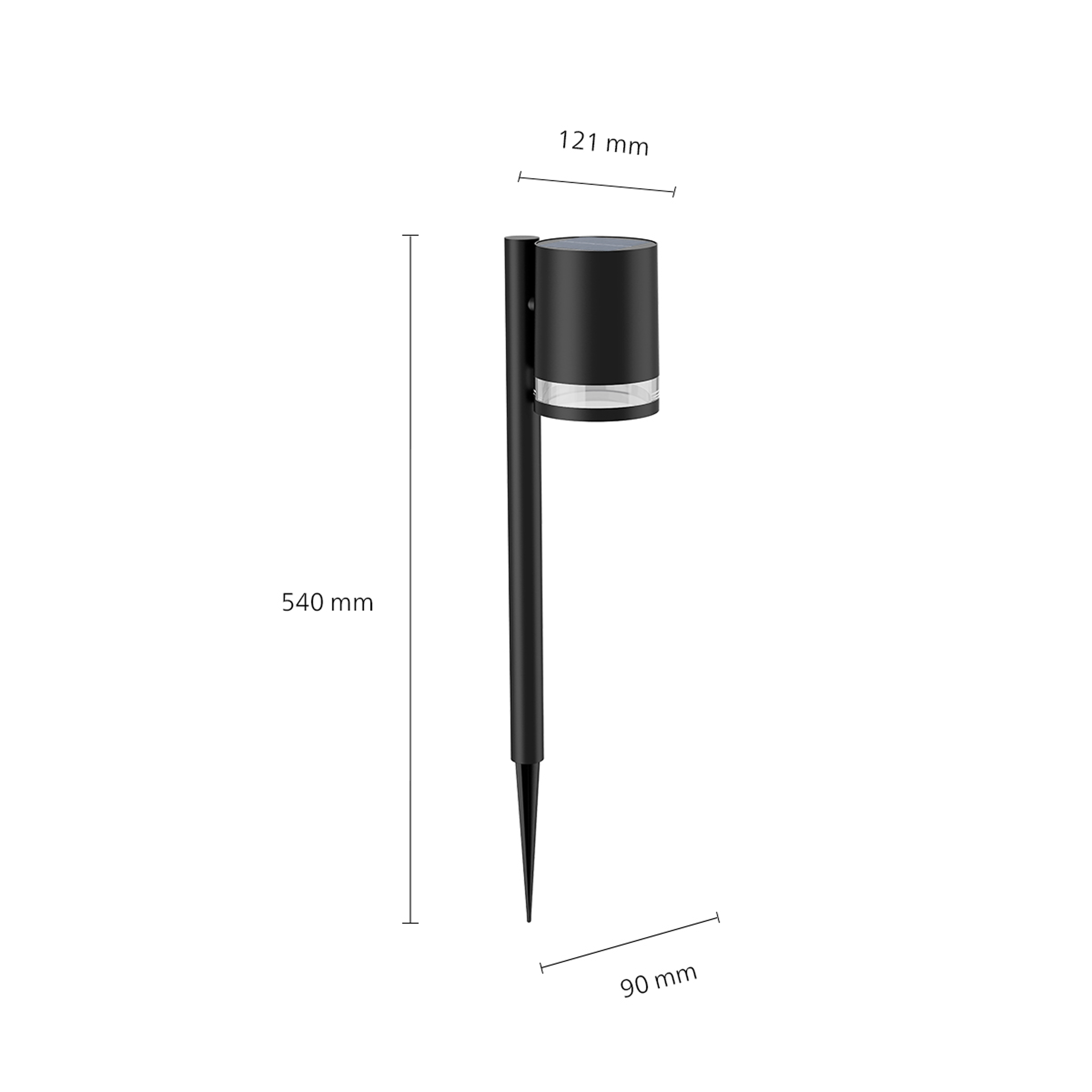 Schwarze Außenlampe mit Zylinderkopf, Spießfuß und Abmessungen.