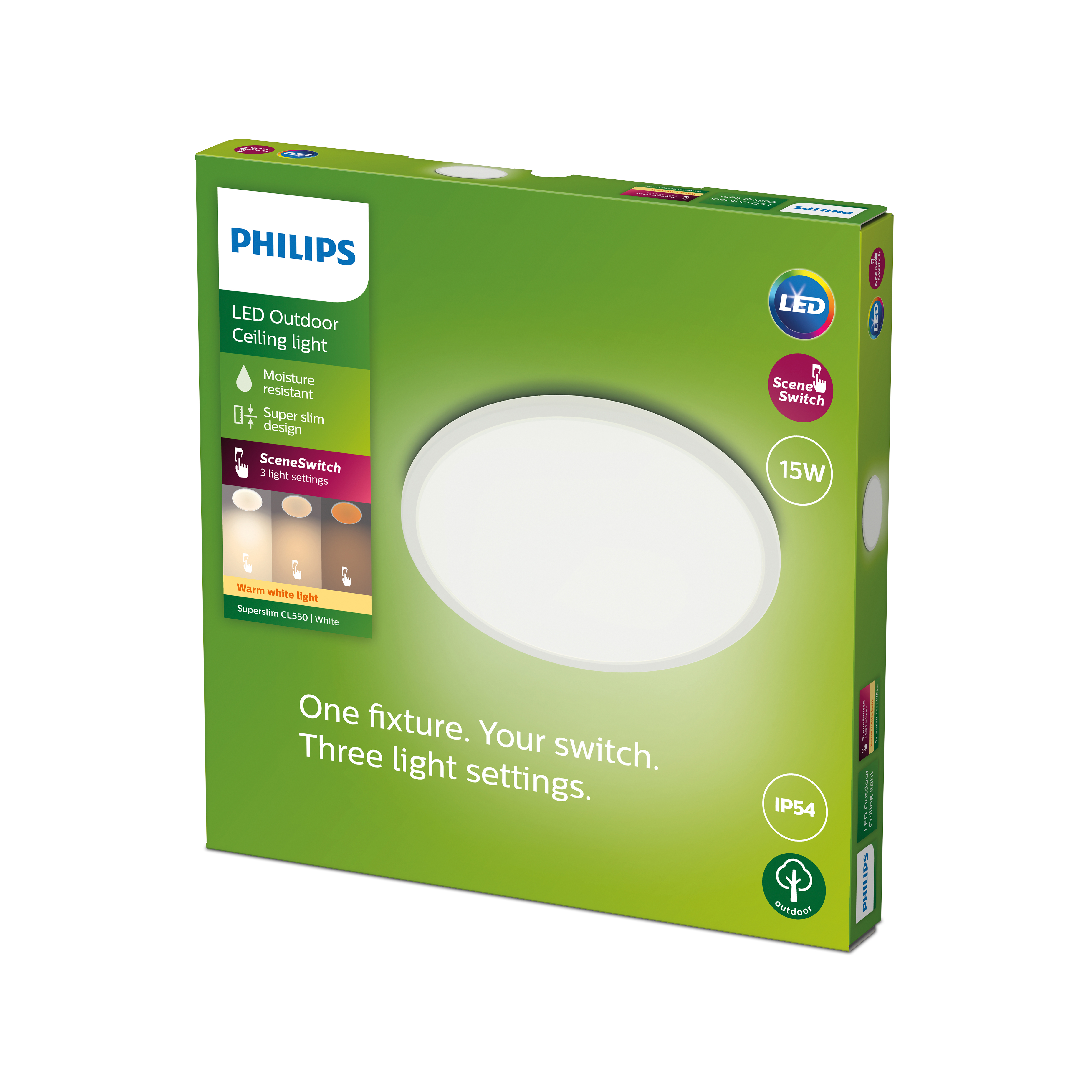 Scatola verde con plafoniera LED bianca, logo Philips e testo sulle impostazioni della luce.