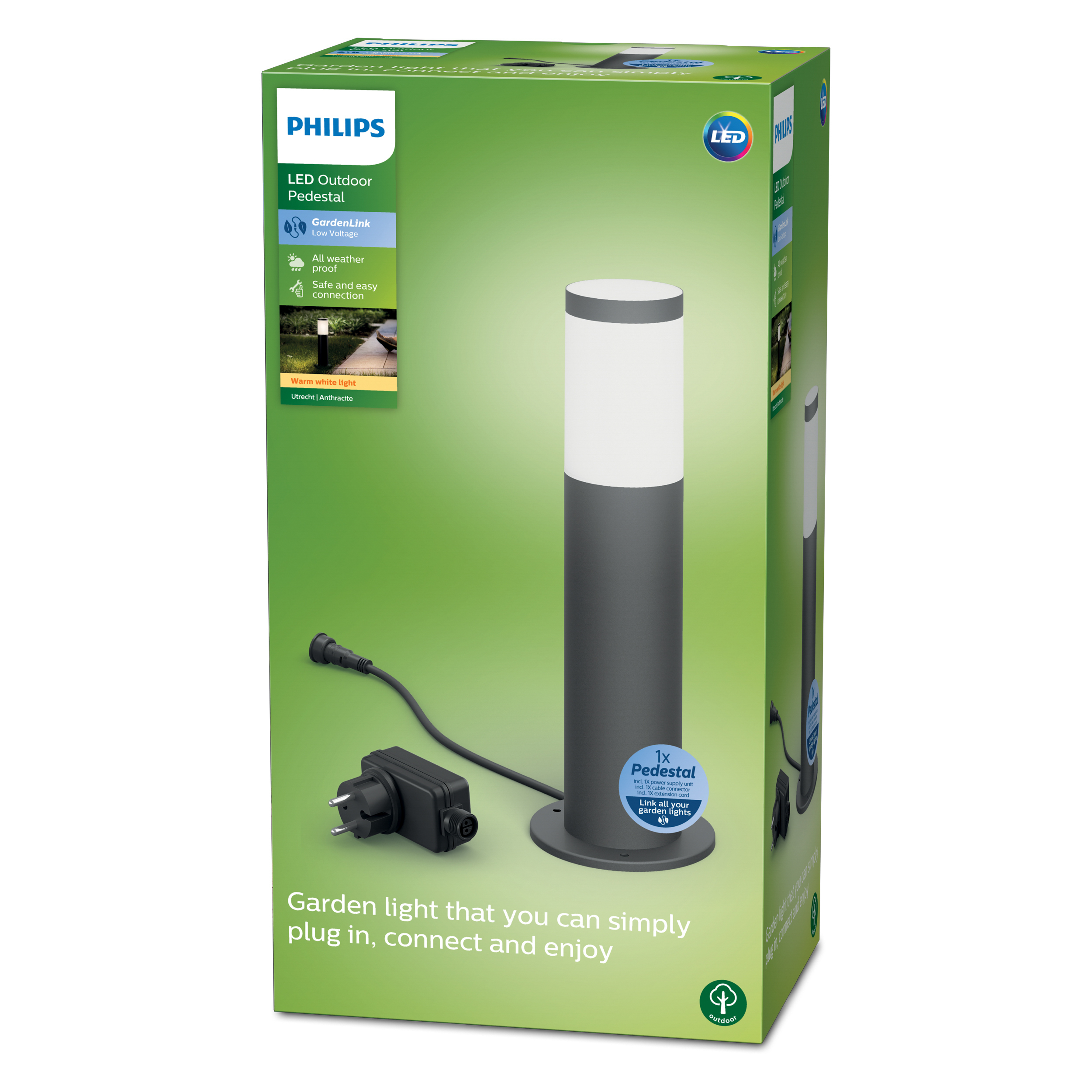 Lampada a piedistallo per esterni a LED Philips in scatola. Luce nera e bianca, scatola verde, sfondo bianco.