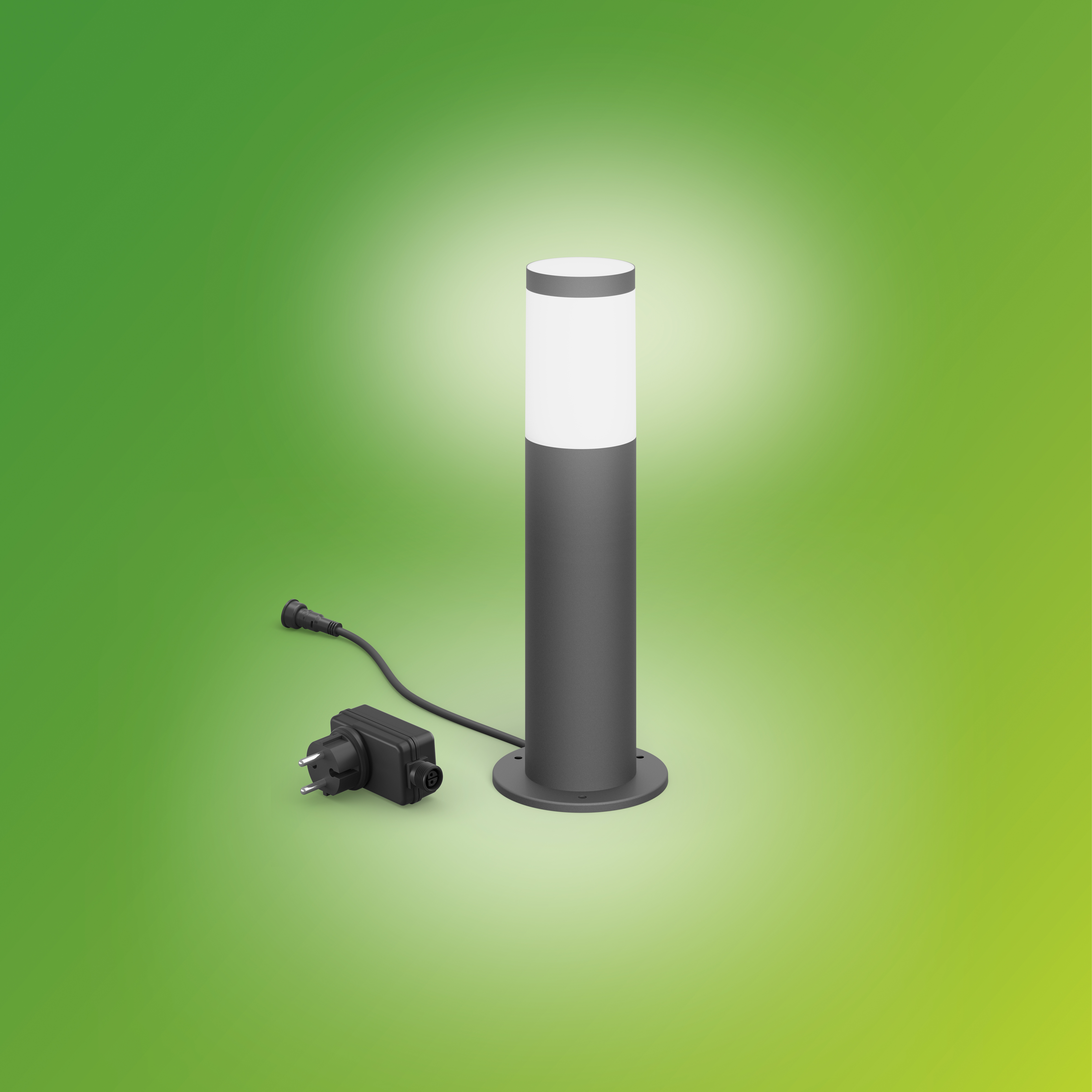 Lampada a paletto da esterno grigio scuro con sezione luminosa bianca.