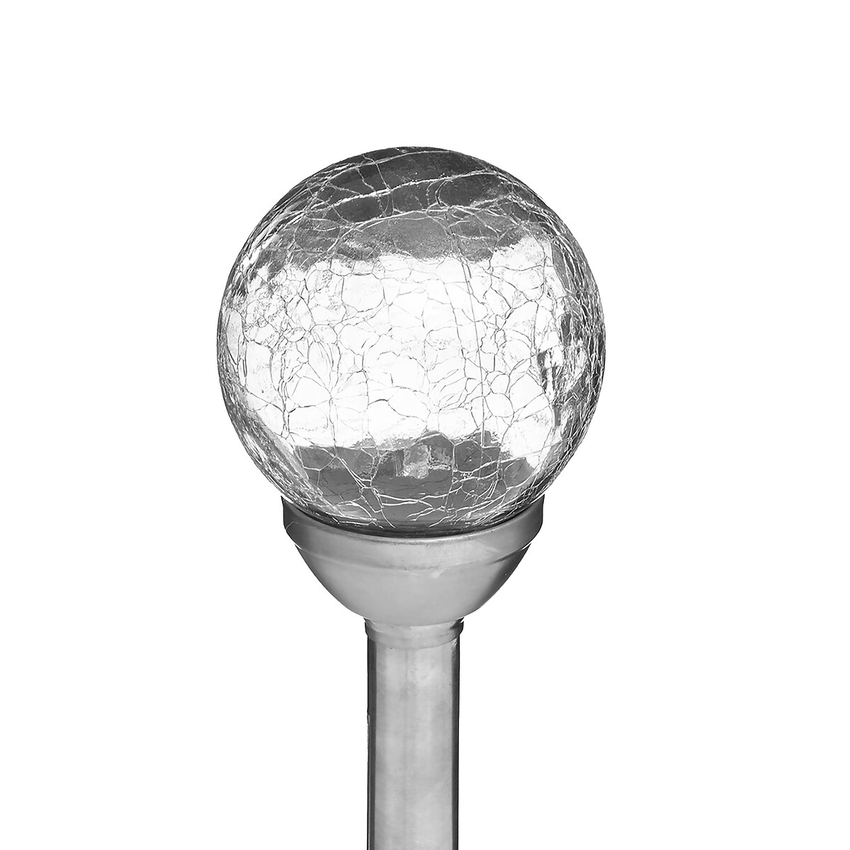 A silver lamp with a cracked glass globe. The lamp is on a metal pole, against a white background.