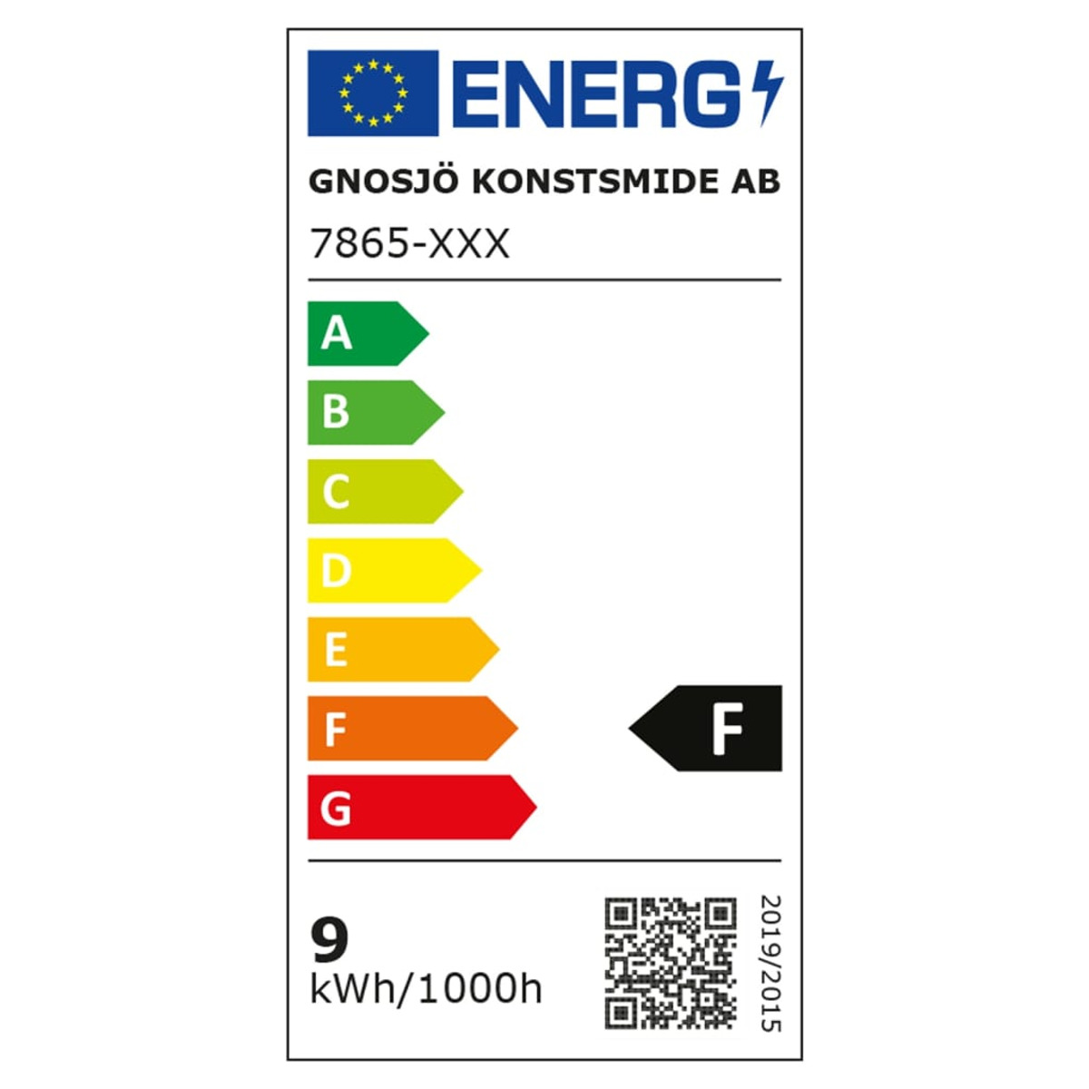 Un'etichetta energetica che mostra informazioni sull'efficienza, con la valutazione F.